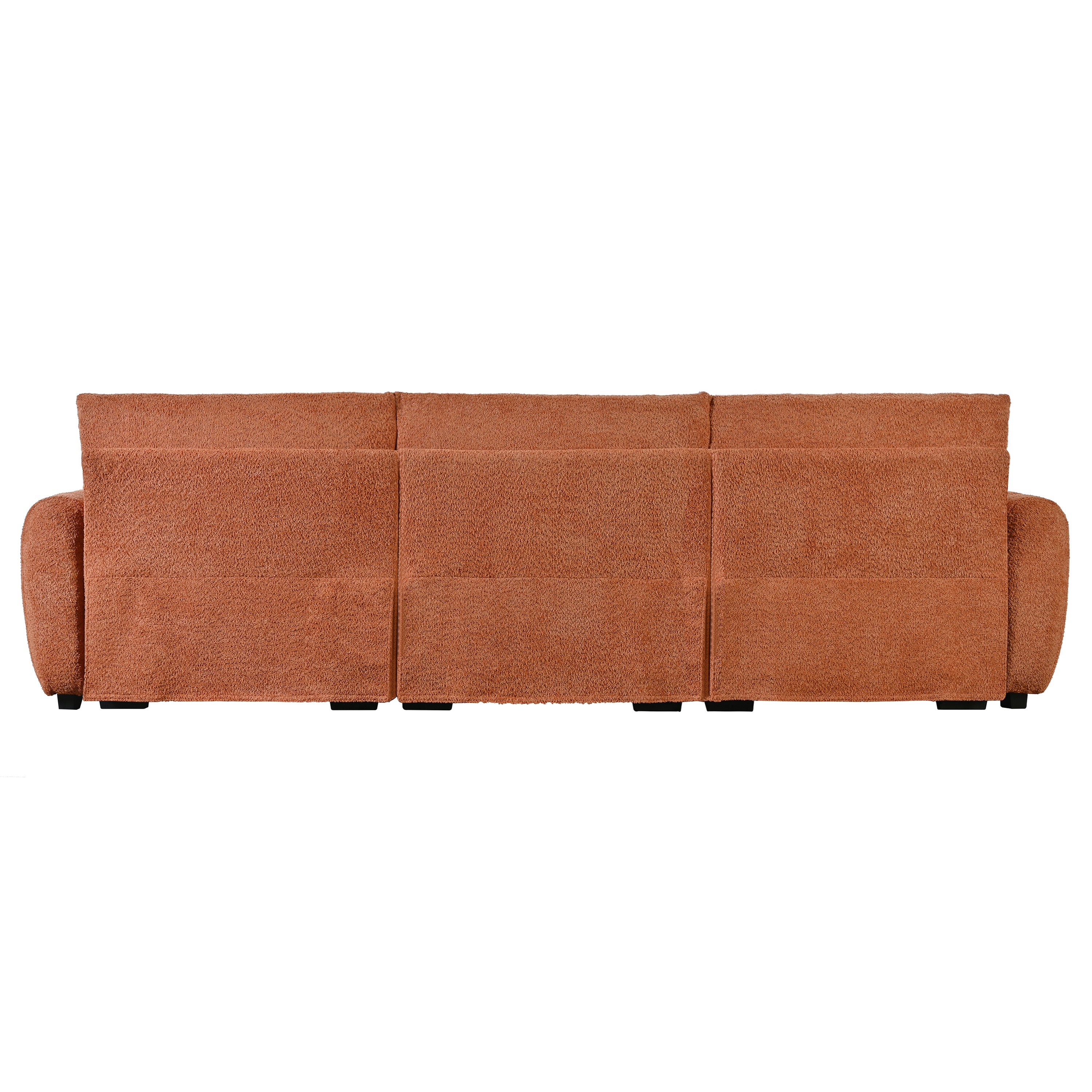 Full rear view of 110' modular sectional sofa in boucle fabric, highlighting its clean lines, supportive backrests, and modular configuration.