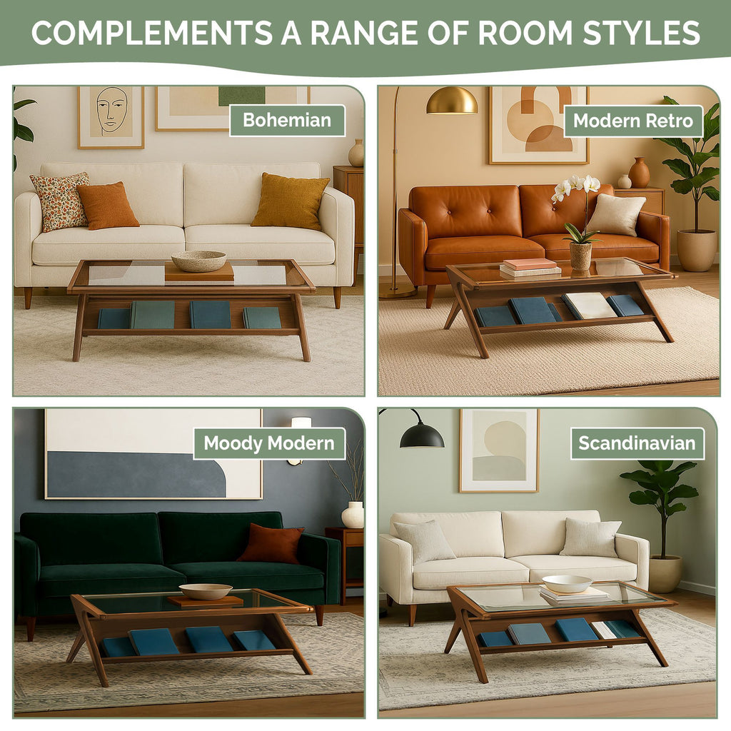 Mid-Century Modern Coffee Table in Morocco Brown styled in Bohemian, Modern Retro, Moody Modern, and Scandinavian living rooms.