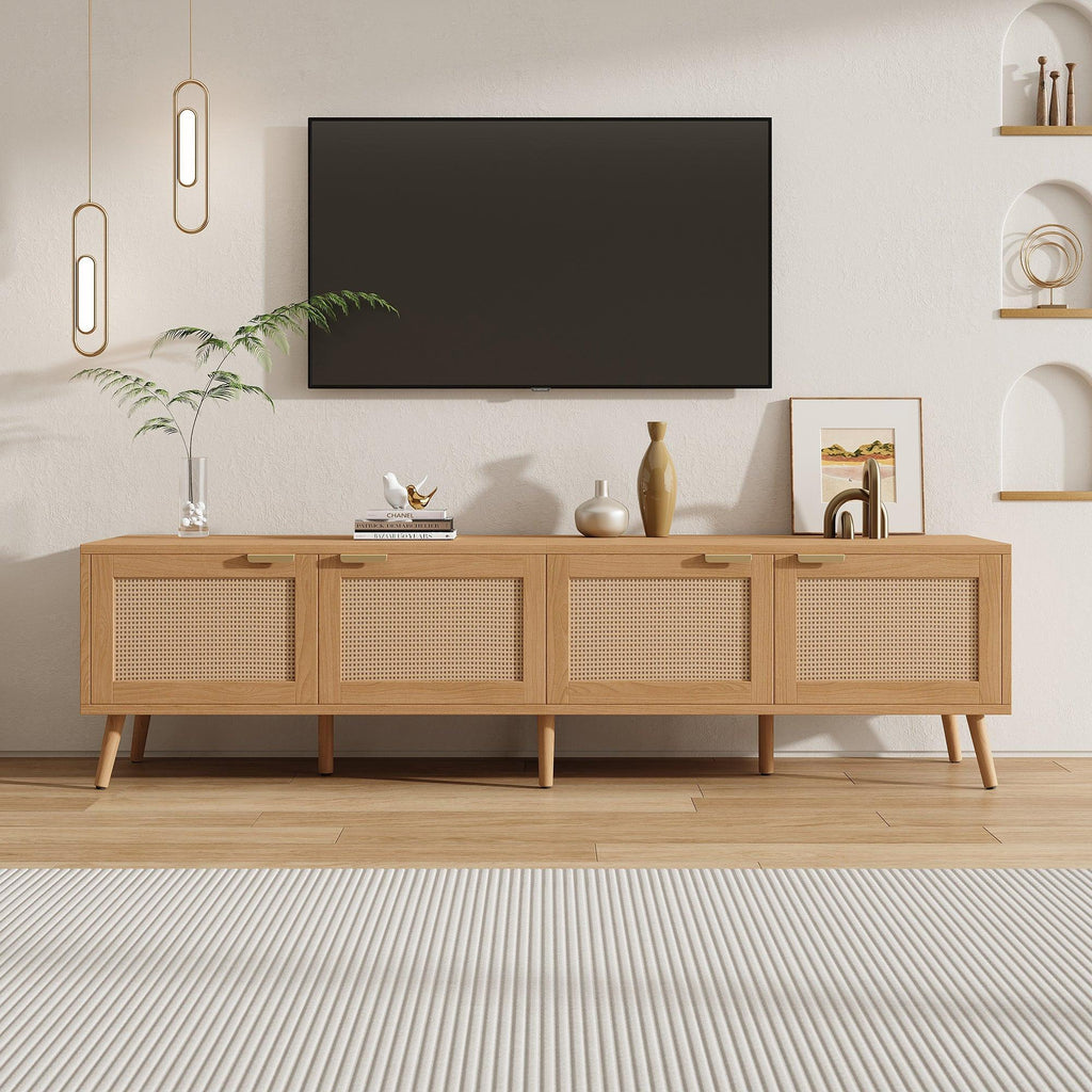 Modern TV Stand with Rattan Doors for 80in TVs.