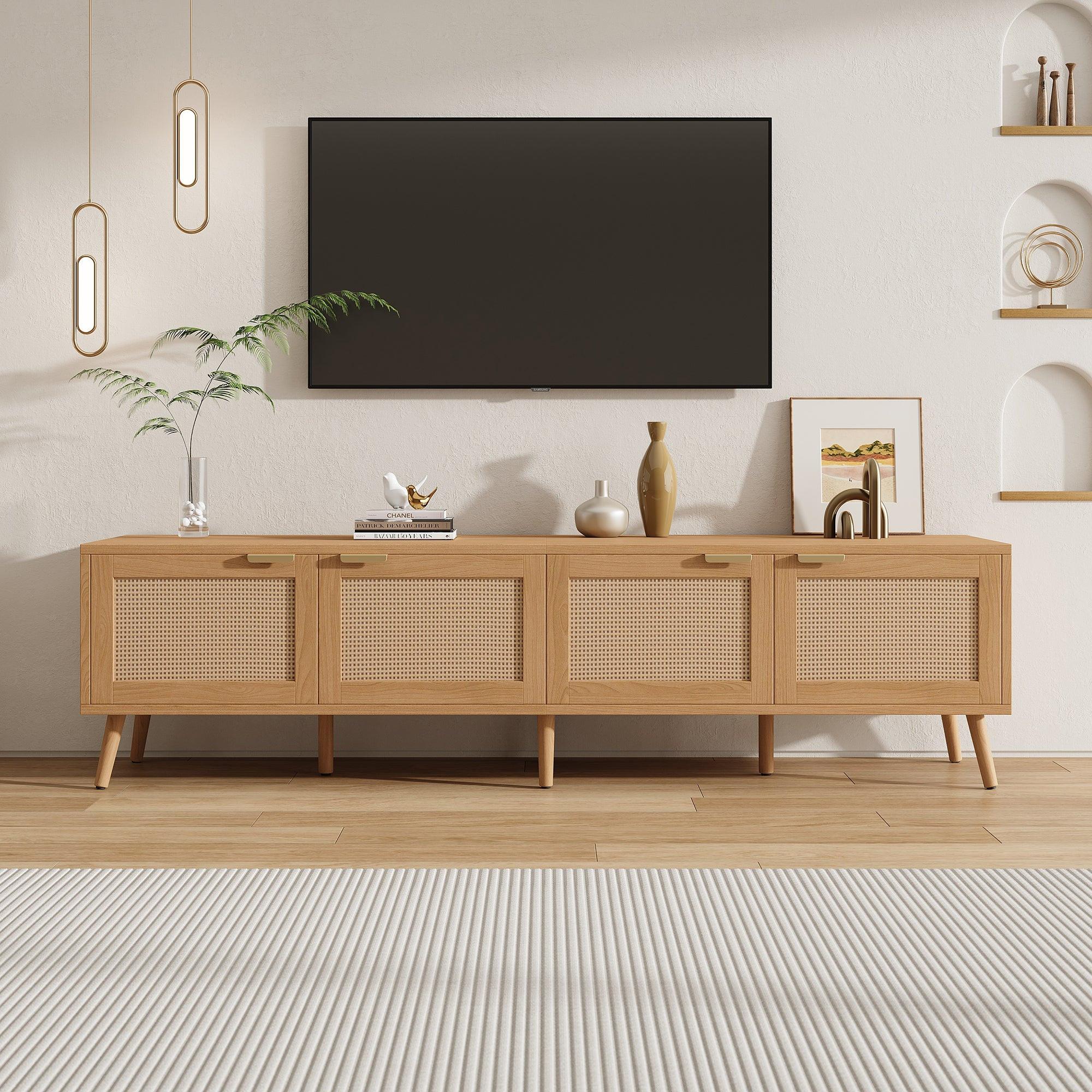 Modern TV Stand with Rattan Doors for 80in TVs.