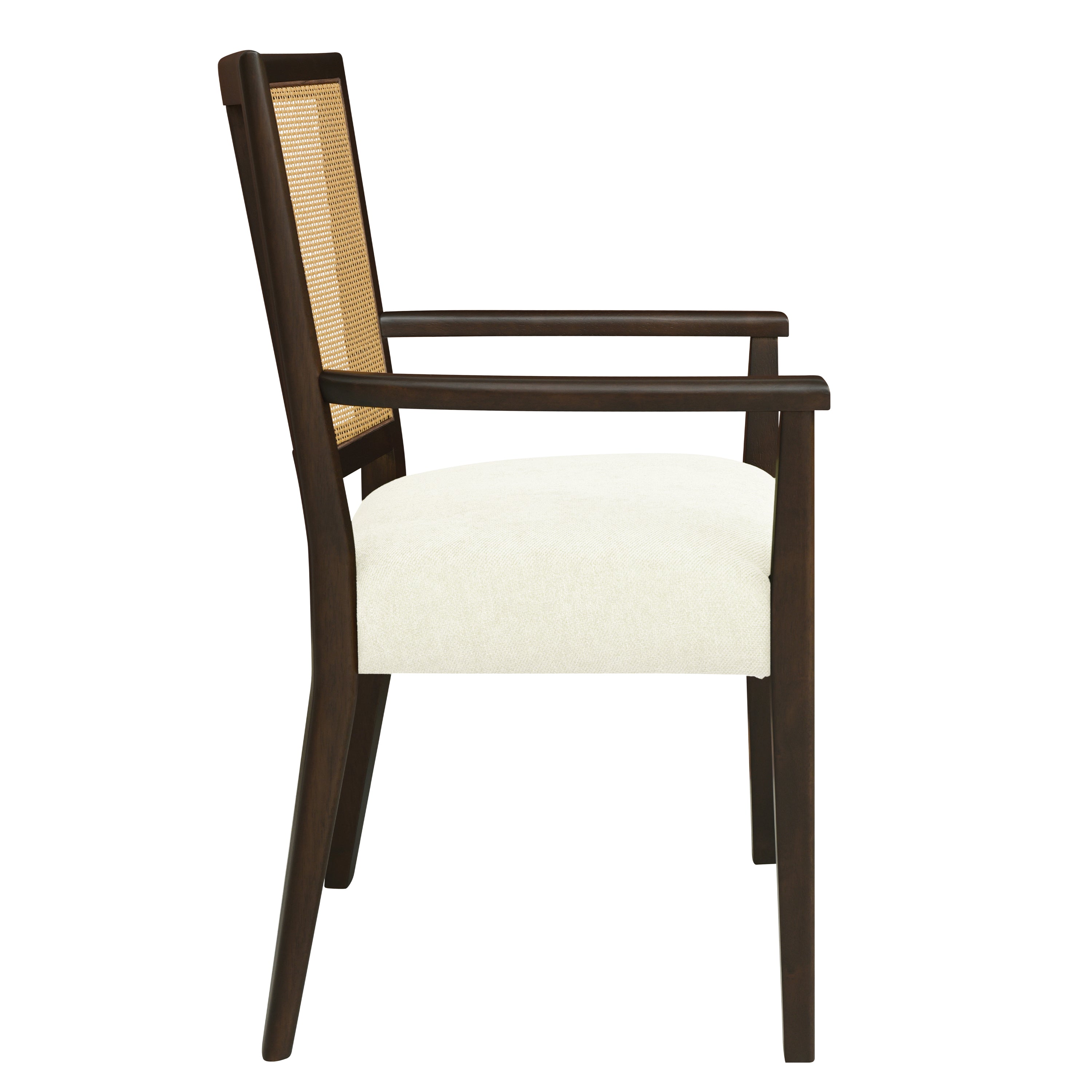 Side profile of Mid Century Dining Chair Set - Rattan Back, displaying armrest height and seat depth for comfort.