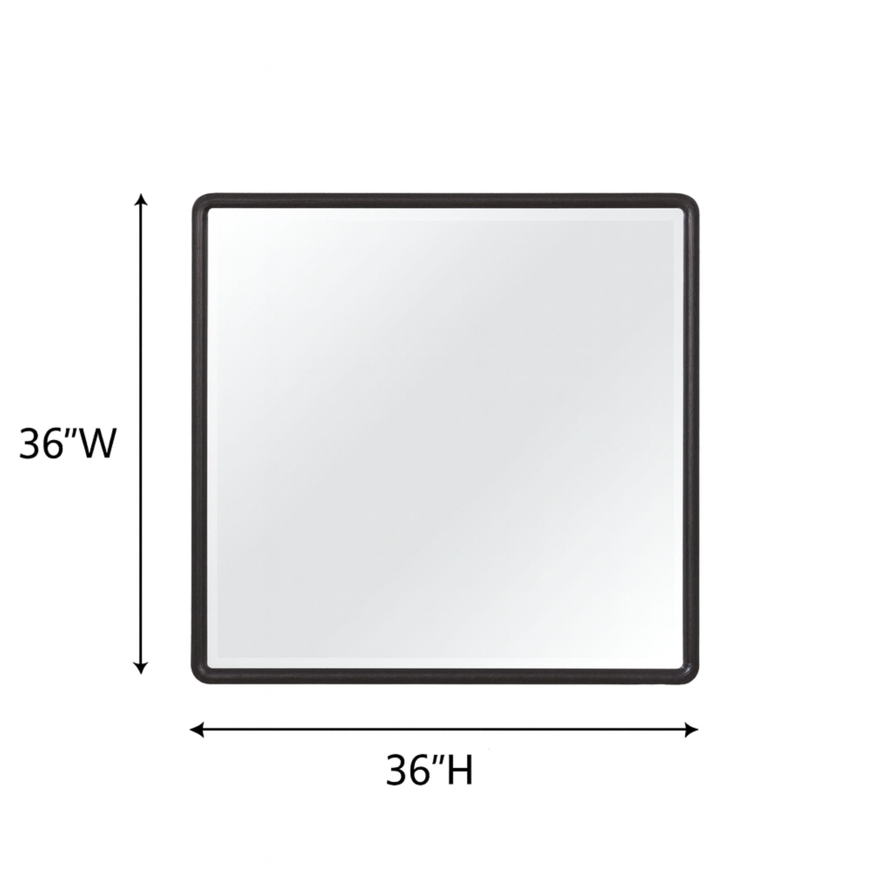 36x36 in. Peppercorn Wood Mirror with Elm Veneer Frame shown with dimensions, perfect for contemporary wall décor or bedroom vanity use.