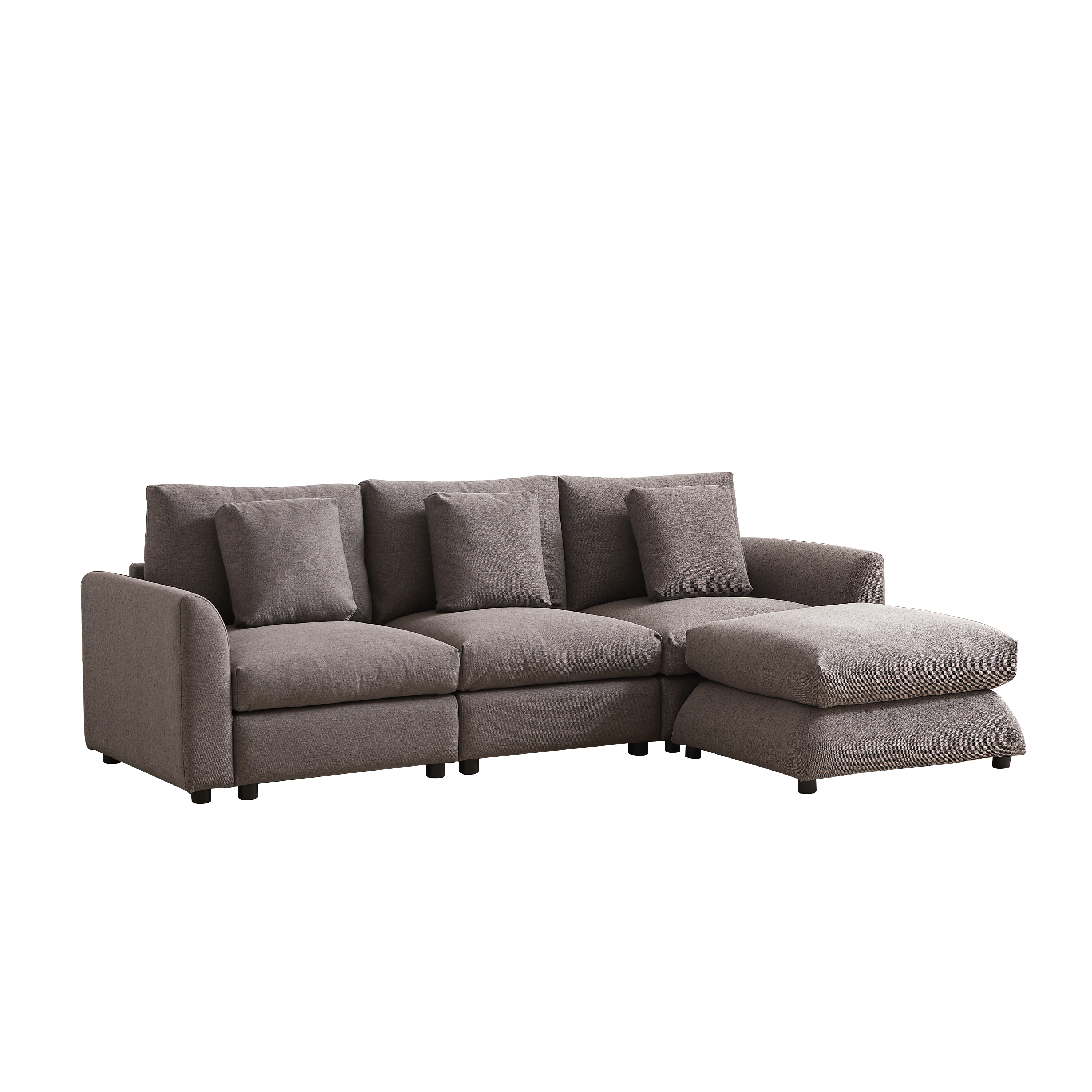 Angled view of modular sofa with ottoman in gray upholstery, designed for comfort and easy assembly in contemporary living spaces.