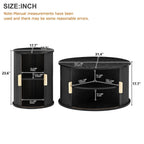 [Assembly Video] Mid-Century Coffee Table Set with Sliding Tambour Door, Round Fluted End Table With Storage, Golden Handle Tall & Low Side Table with Wooden Finish for Living Room, Set of Two, Black.