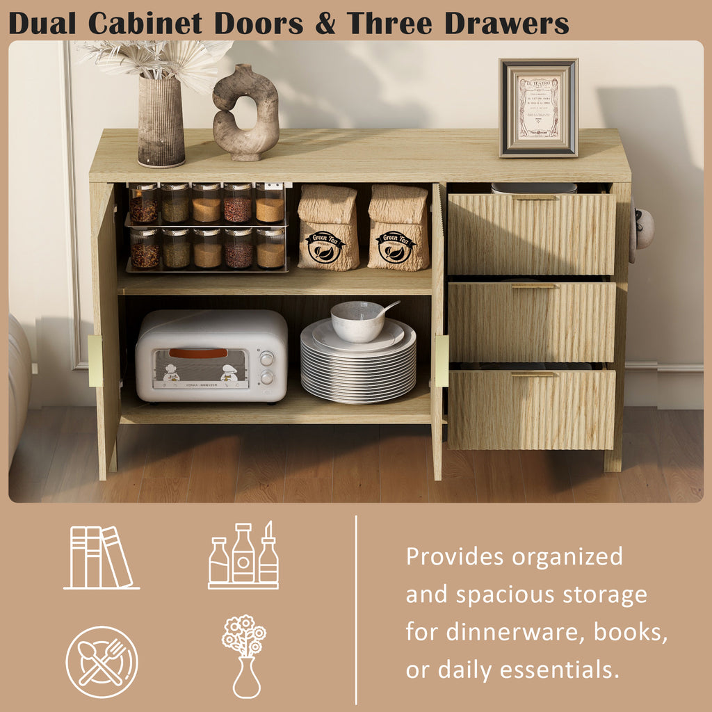 Modern sideboard cabinet with dual doors and 3 drawers, offering organized storage for dinnerware, books, or daily essentials.