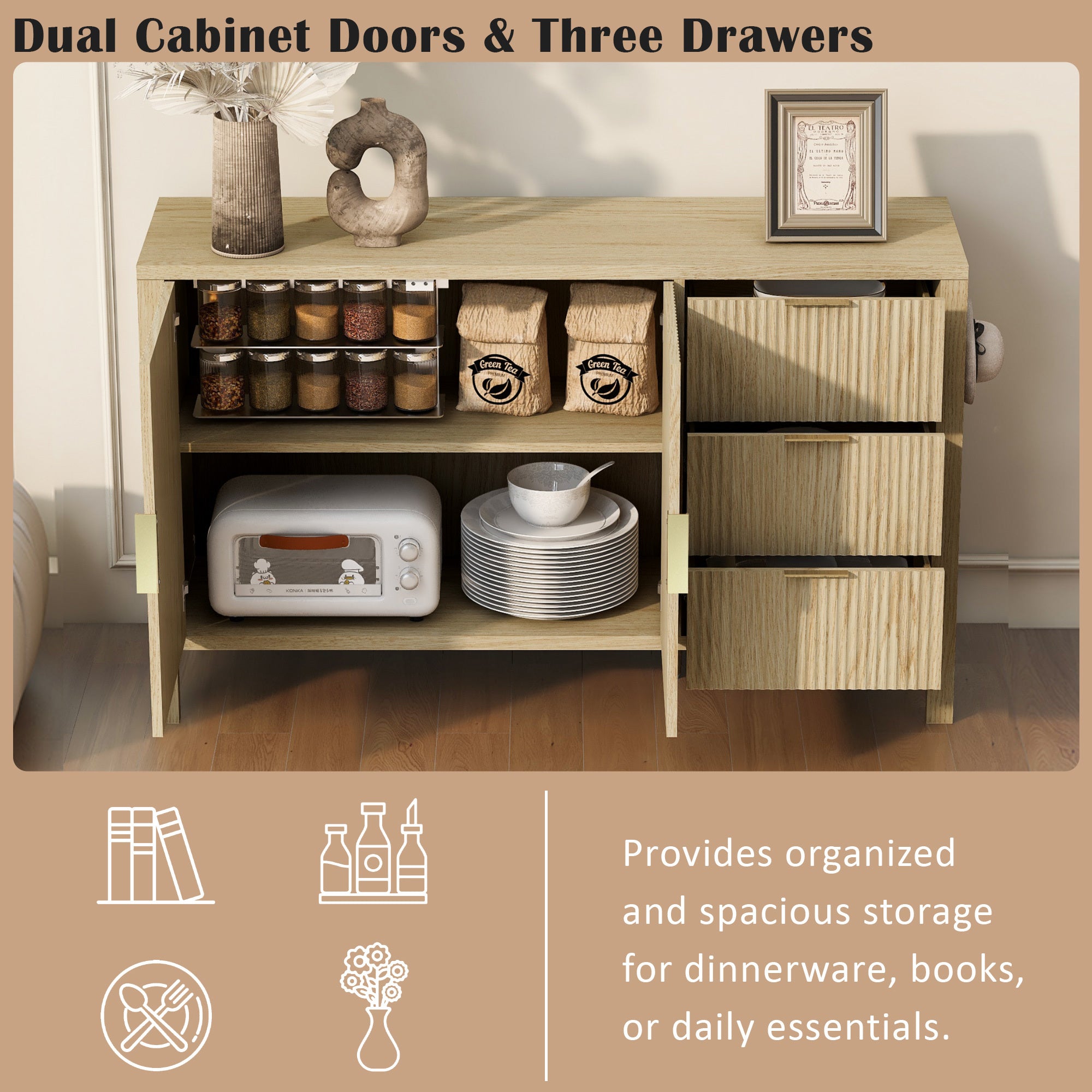 Modern sideboard cabinet with dual doors and 3 drawers, offering organized storage for dinnerware, books, or daily essentials.