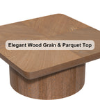 Top view of walnut square coffee table displaying elegant wood grain and parquet pattern on the tabletop surface.