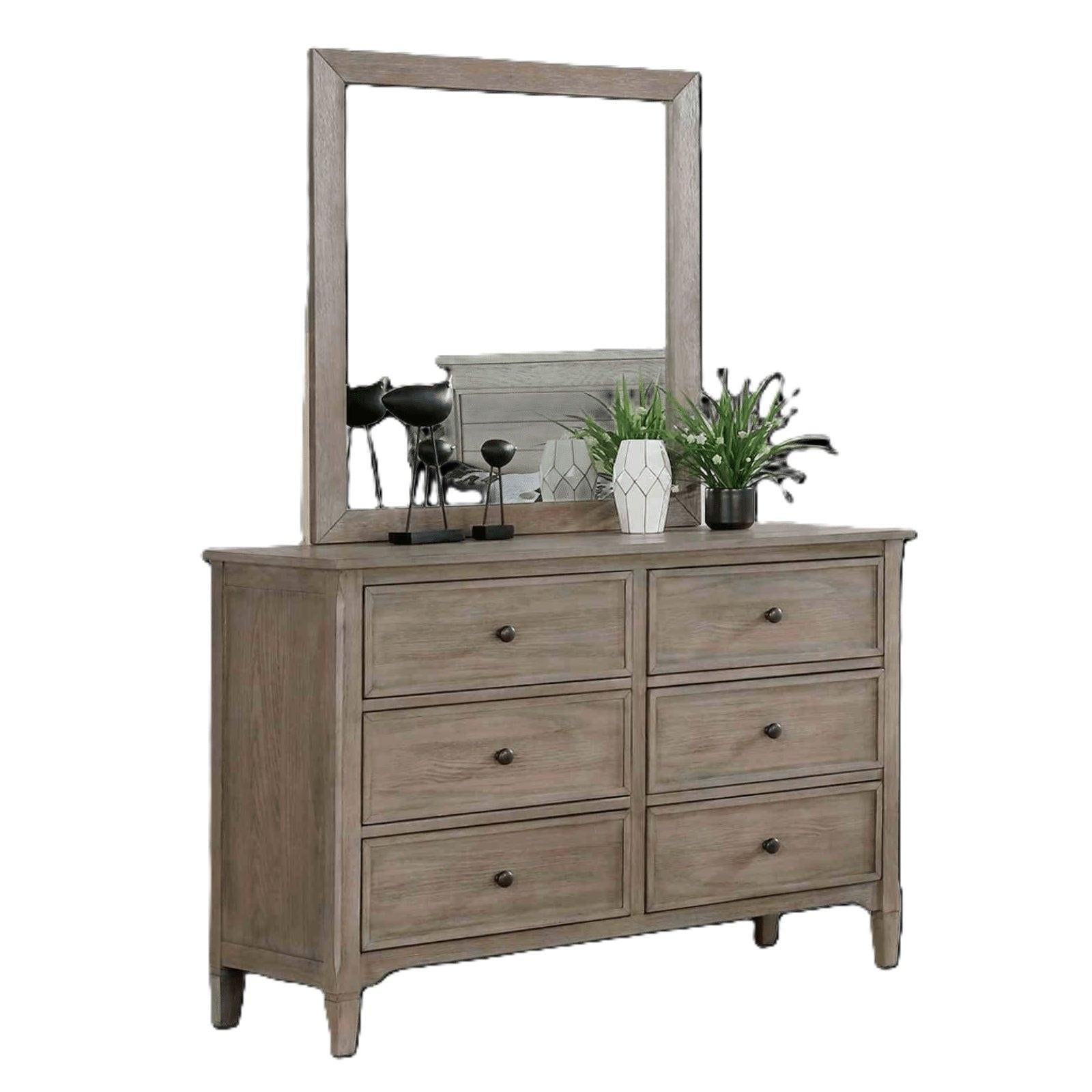 Transitional Gray Dresser with Round Pull Knobs.