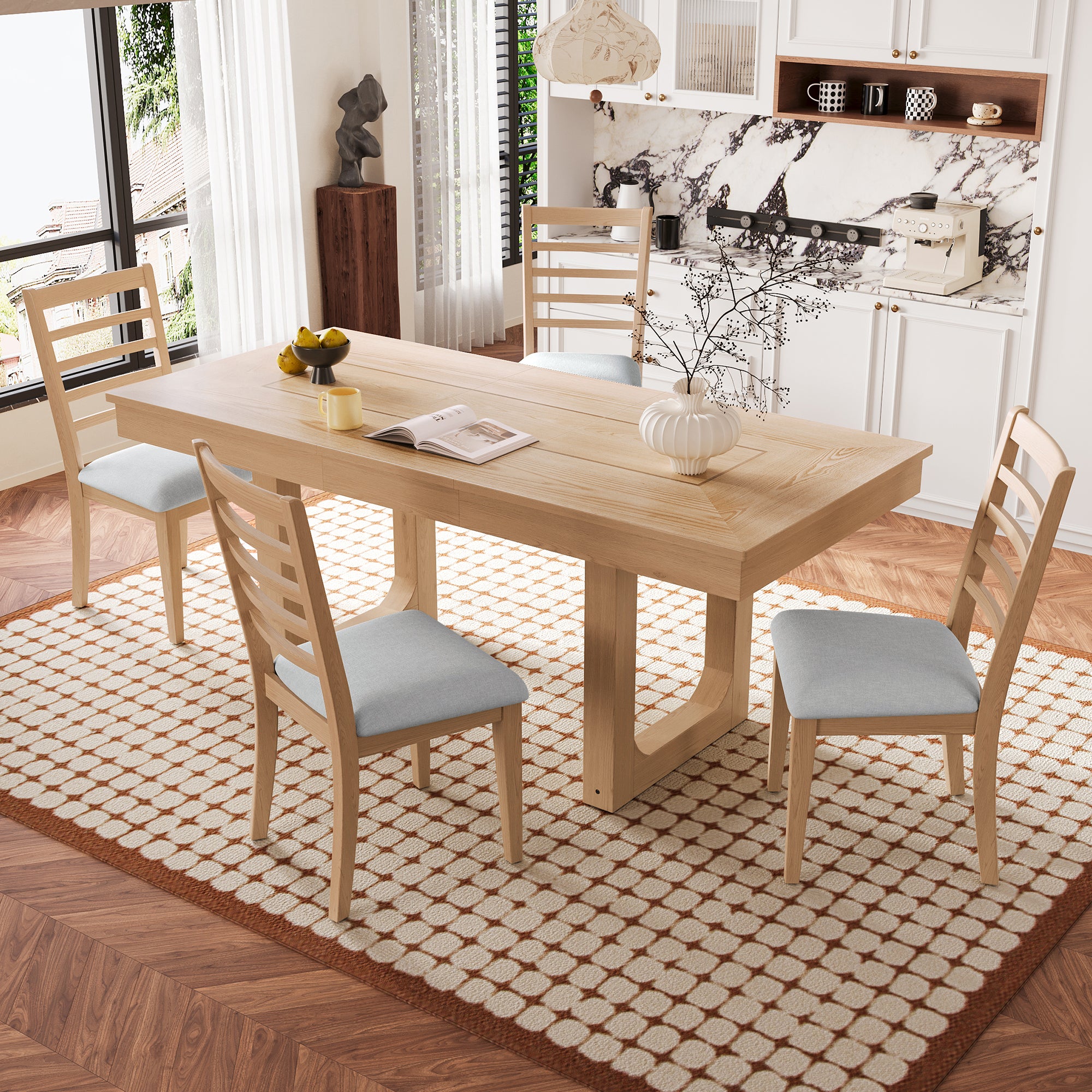 78-Inch Farmhouse Extendable Dining Table Set with 4 Upholstered Chairs