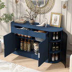 Modern MDF storage cabinet with curved doors and shelves in navy blue, styled in a living room with decor and open compartments.