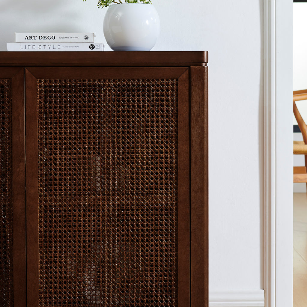 Close-up of premium natural rattan door panel on Mid Century Sideboard Cabinet, showcasing retro woven texture.