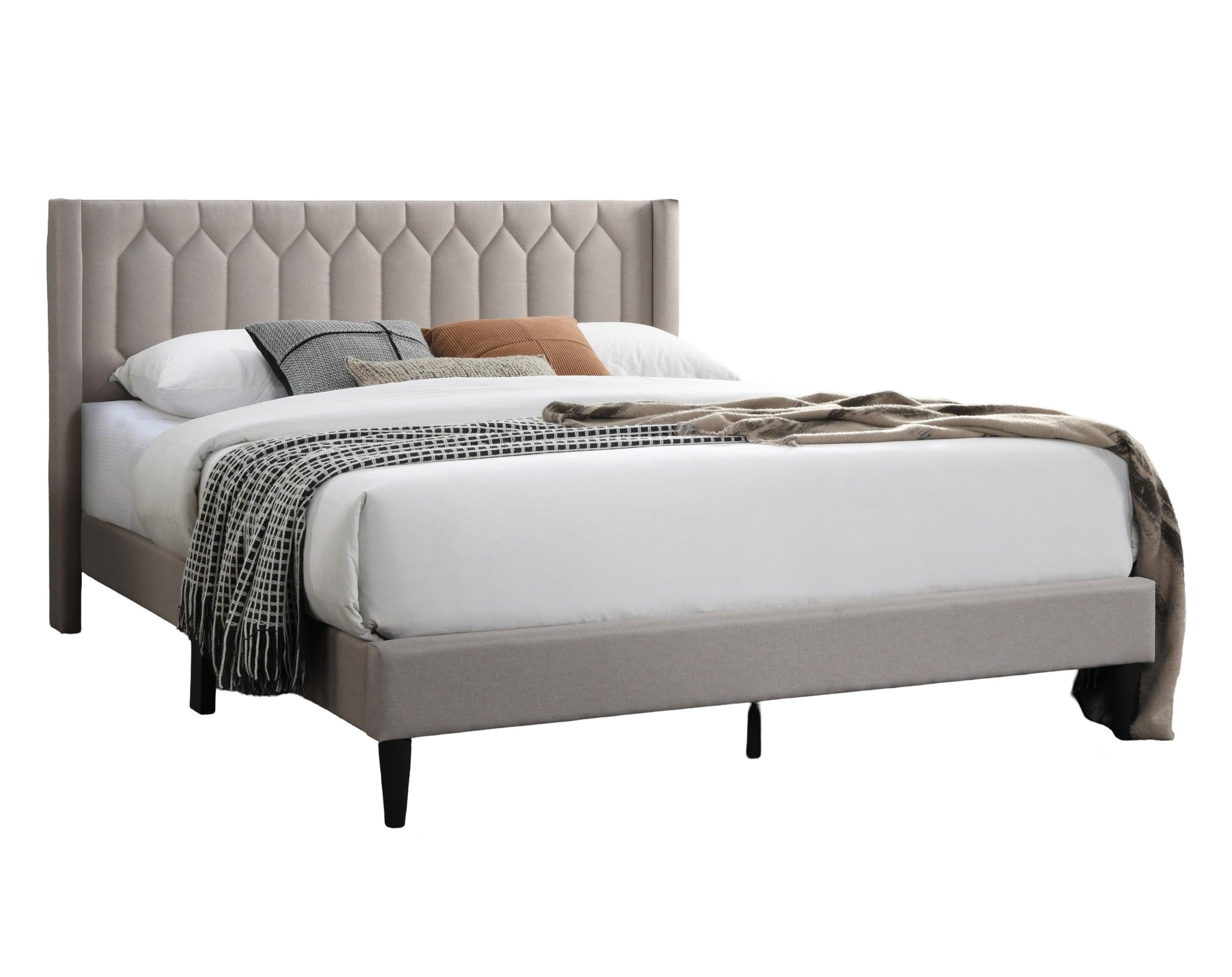 Full Size Burlap Fabric Bed Frame with Diamond Design.