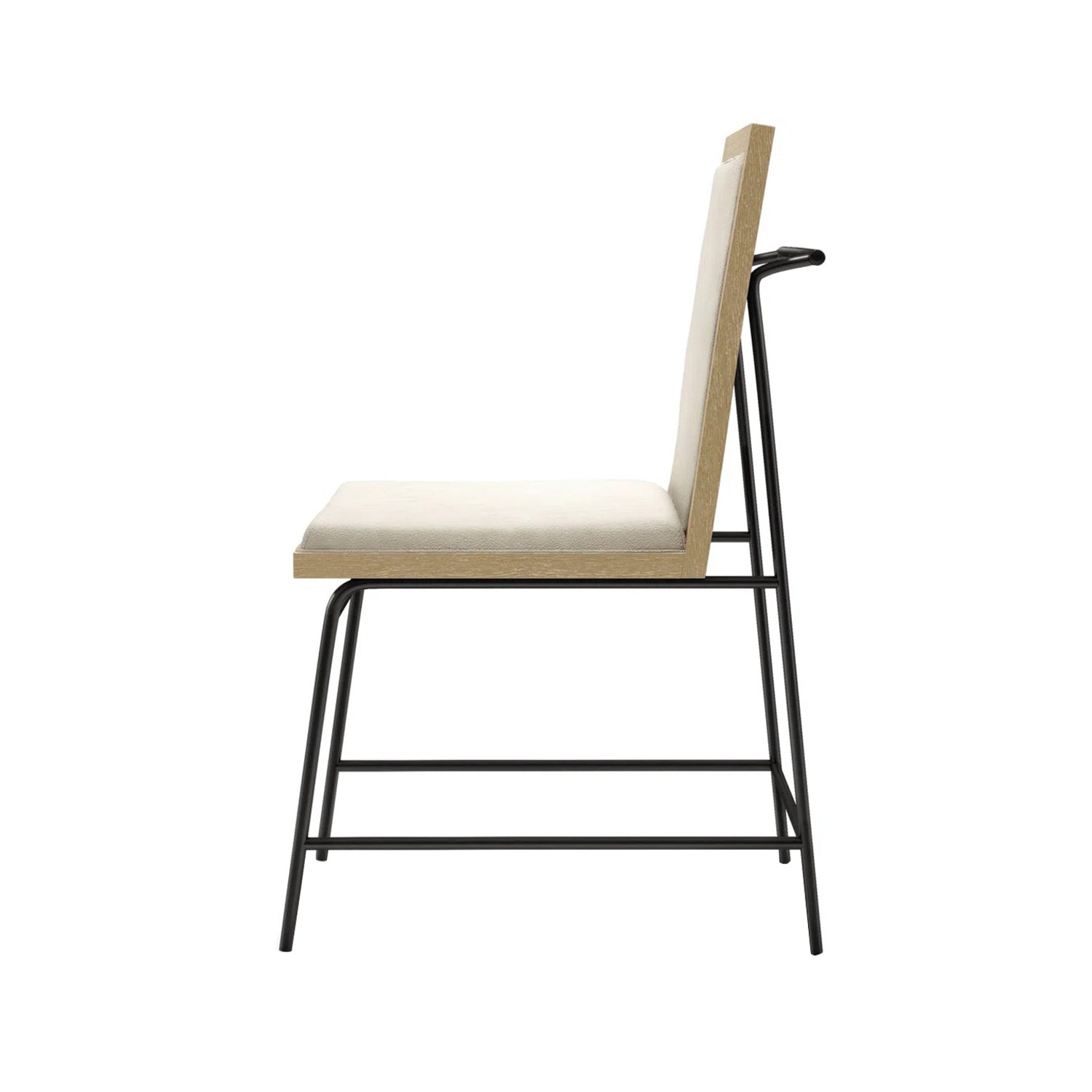 Side profile of upholstered oak fabric dining chair with black metal frame, showcasing modern design and ergonomic back support.