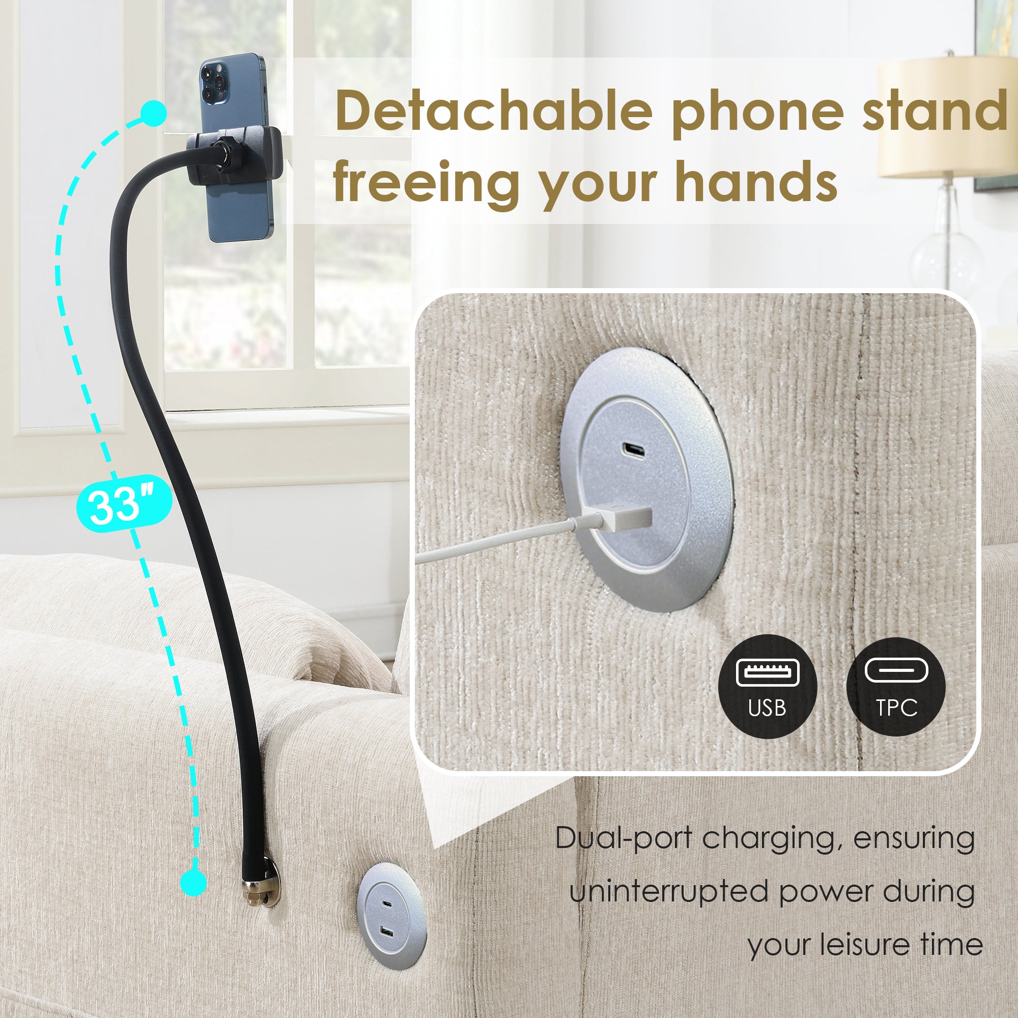 Close-up of detachable phone holder and dual USB charging ports on L-shaped sectional sofa, designed for hands-free use and device charging.