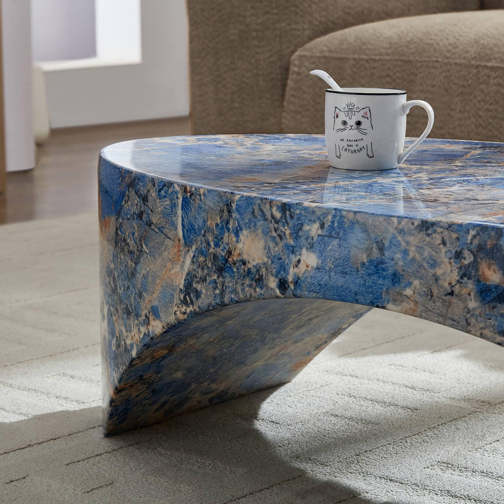 The oval natural marble coffee table side table in the living room,blue.