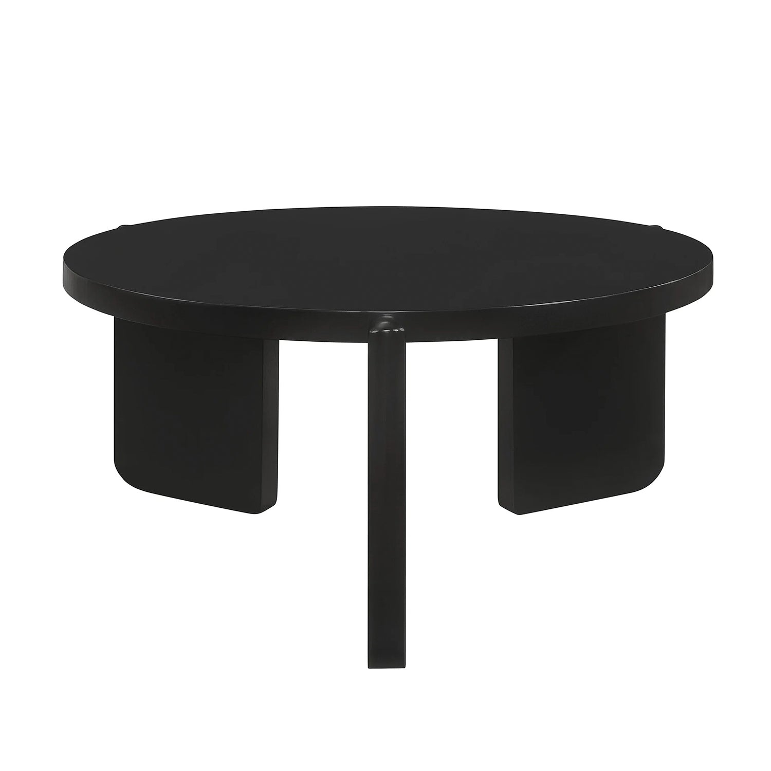 Back view of round wooden coffee table in black, highlighting its sturdy three-leg base and minimalist design for stylish interiors.