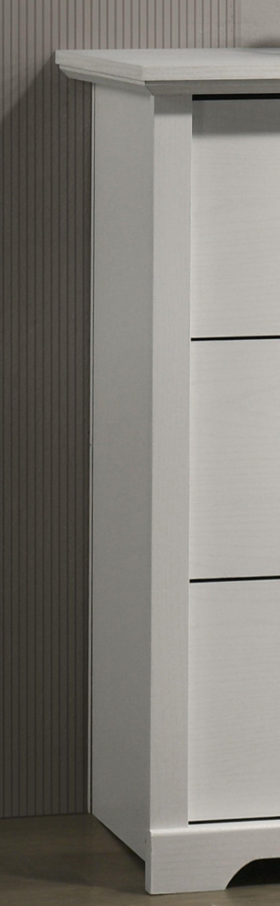 Elara White 6-Drawer Dresser with Black Handles.