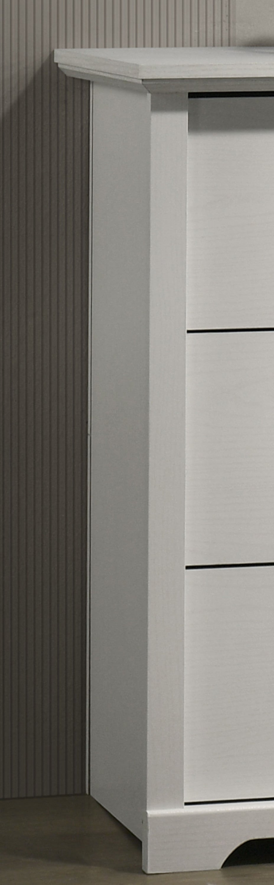 Side view of Elara White 6-Drawer Dresser highlighting the clean lines and durable particle board construction.