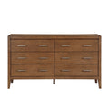 Transitional six-drawer wooden dresser in a light brown finish with sleek, modern silver-tone bar handles.
