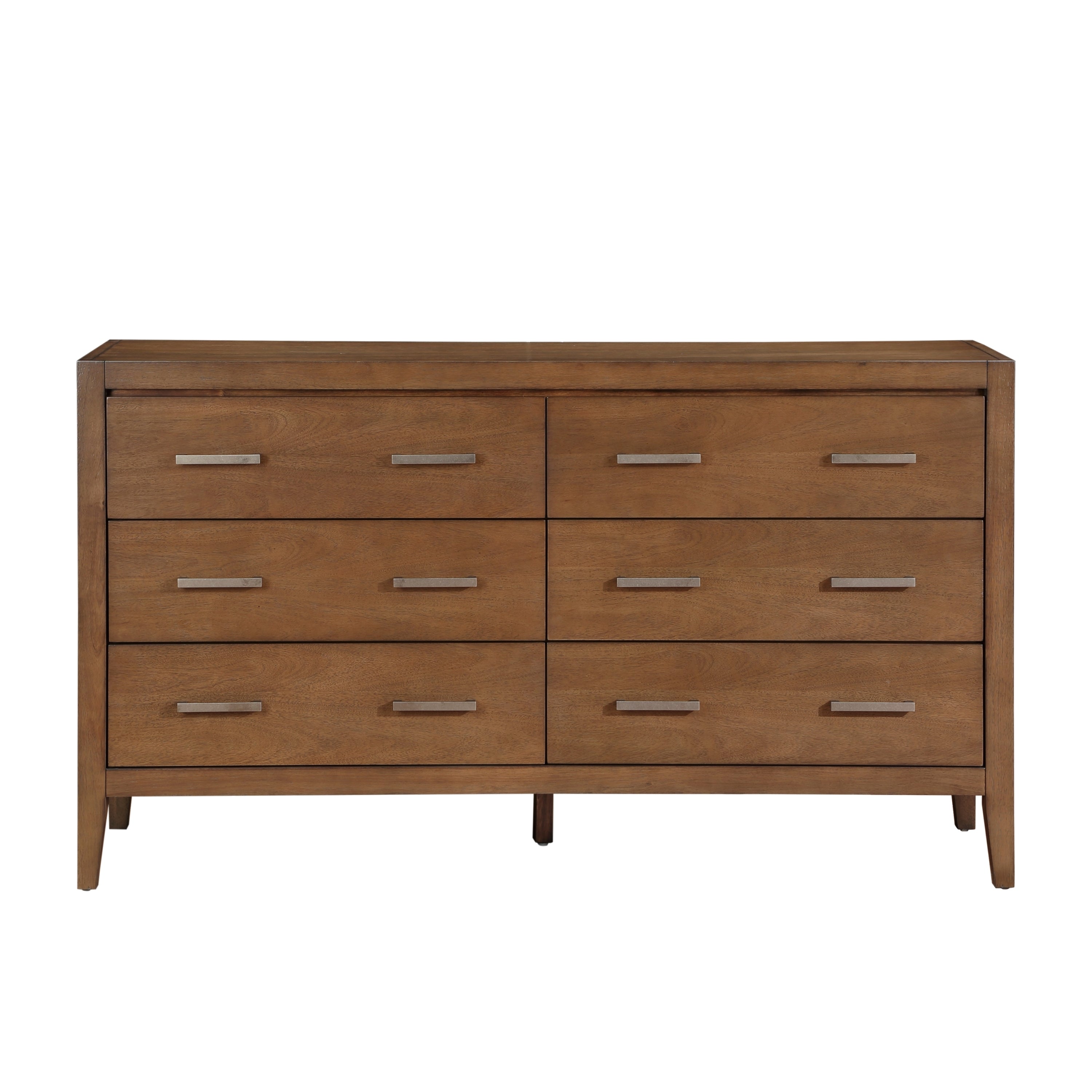 Transitional six-drawer wooden dresser in a light brown finish with sleek, modern silver-tone bar handles.