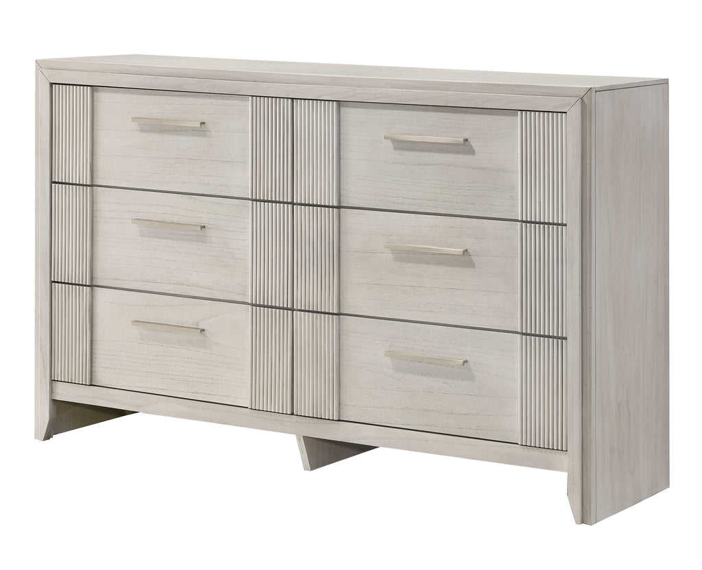 Contemporary Dresser - 6-Drawer in mist white wood finish with sleek metal handles and vertical panel accents, ideal for modern bedroom storage.