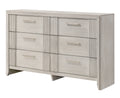 Contemporary Dresser - 6-Drawer in mist white wood finish with sleek metal handles and vertical panel accents, ideal for modern bedroom storage.