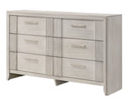 Contemporary Dresser - 6-Drawer in mist white wood finish with sleek metal handles and vertical panel accents, ideal for modern bedroom storage.