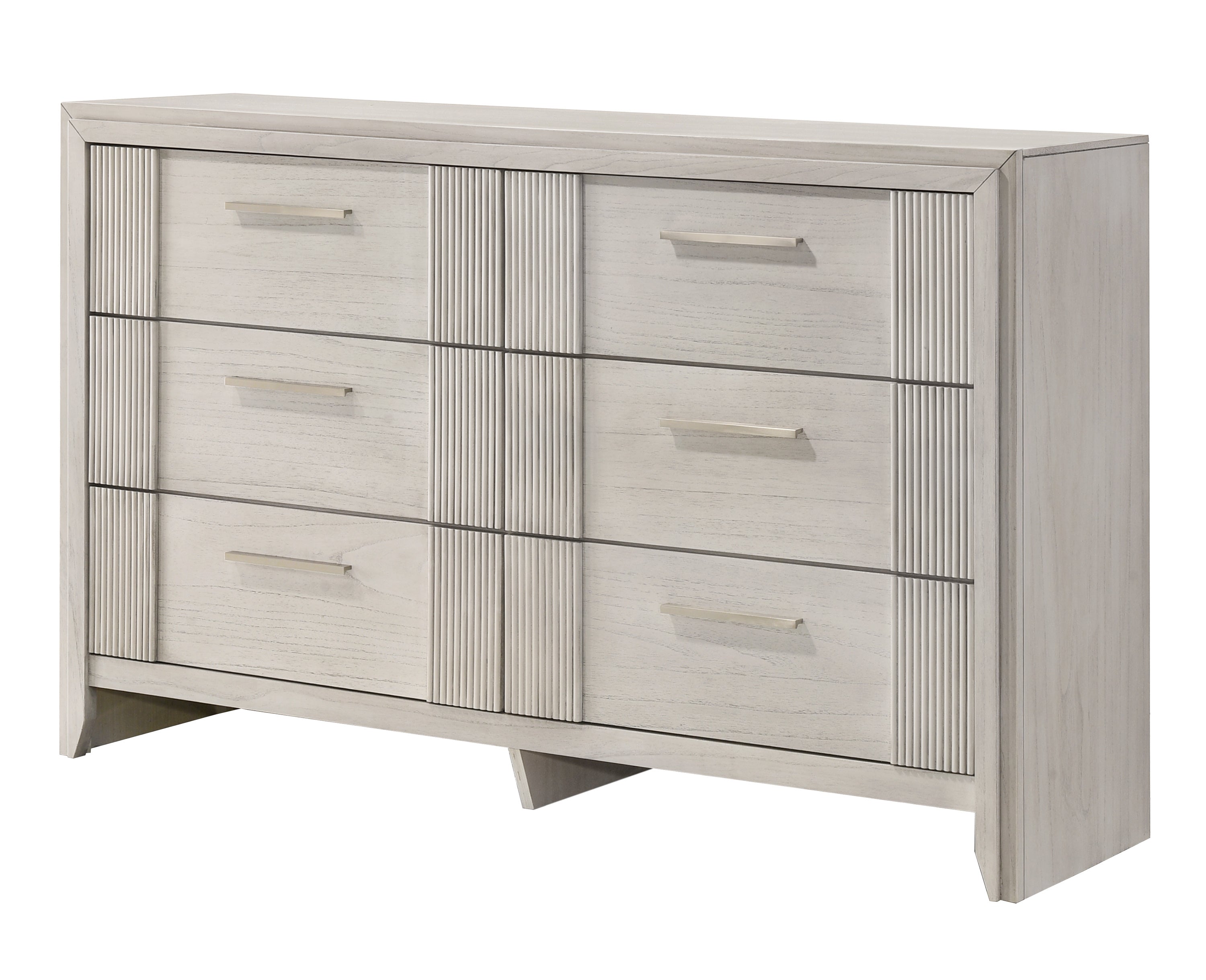 Contemporary Dresser - 6-Drawer in mist white wood finish with sleek metal handles and vertical panel accents, ideal for modern bedroom storage.