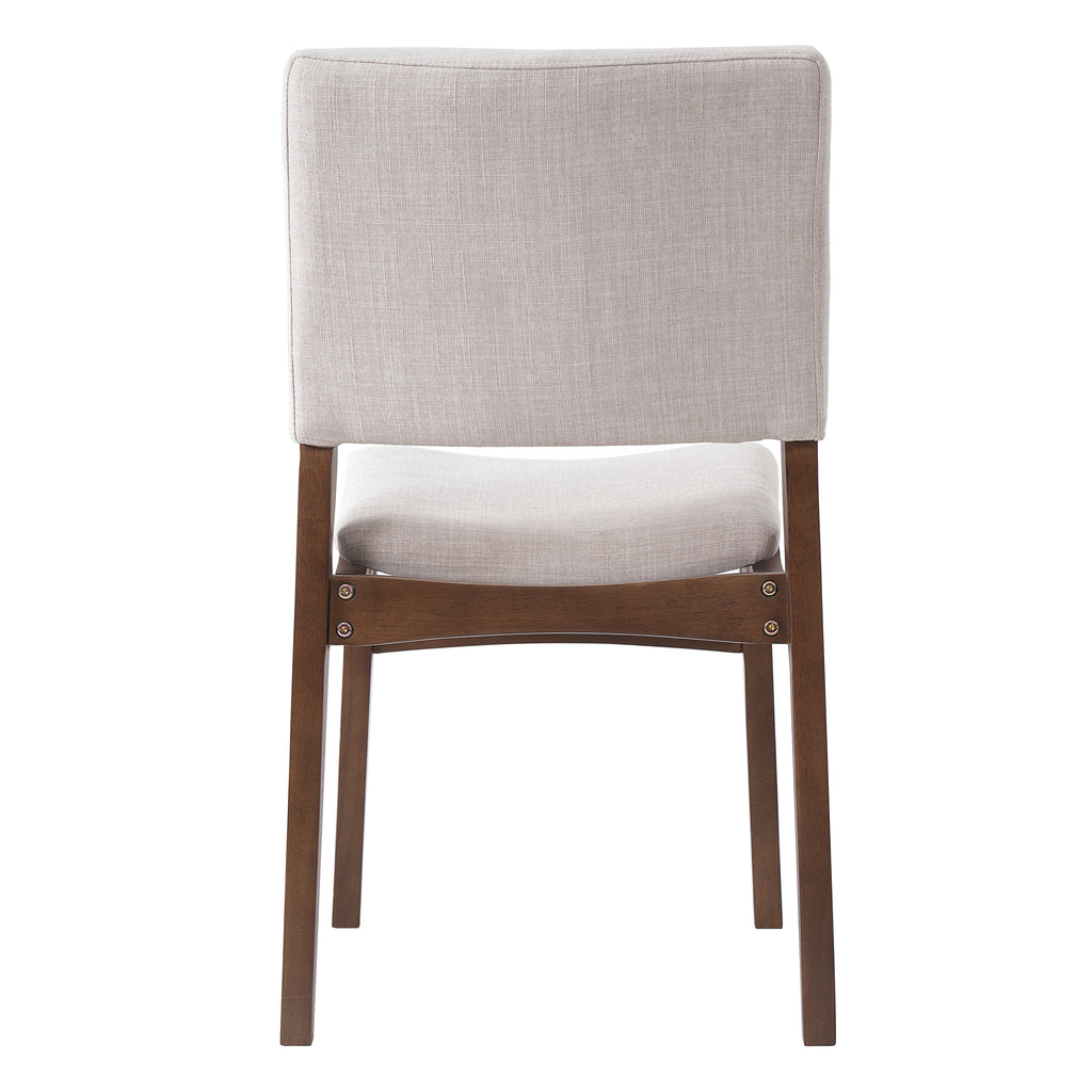 Back view of a beige upholstered dining chair with walnut legs, featured in the Modern Dining Set - Chairs & Table Walnut Finish.