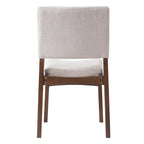 Back view of a beige upholstered dining chair with walnut legs, featured in the Modern Dining Set - Chairs & Table Walnut Finish.