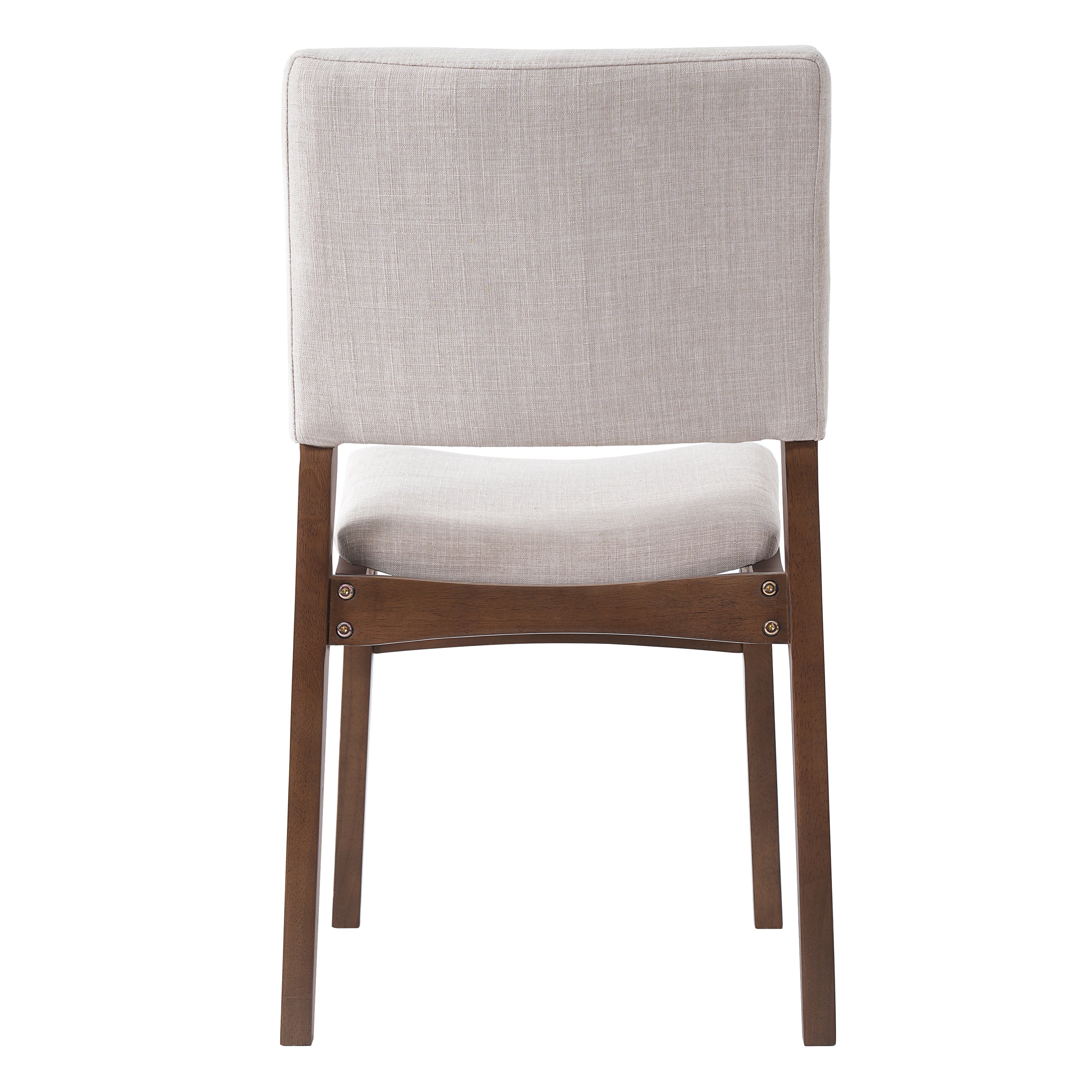 Back view of a beige upholstered dining chair with walnut legs, featured in the Modern Dining Set - Chairs & Table Walnut Finish.