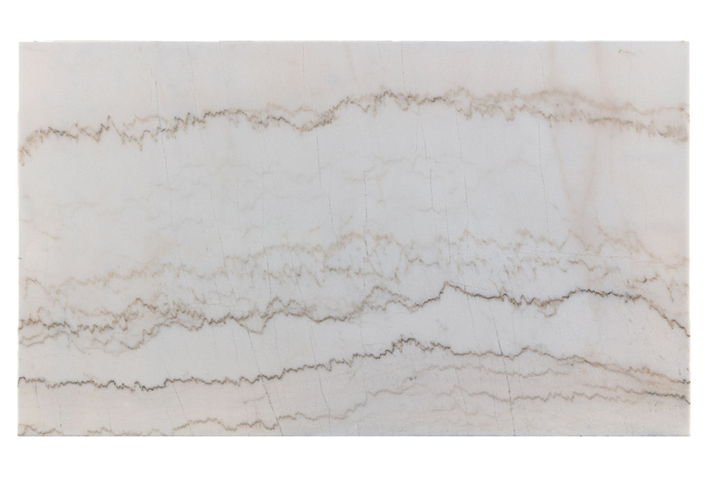 Top-down view of genuine marble slab with beige and gray veining, used in the dining table set.