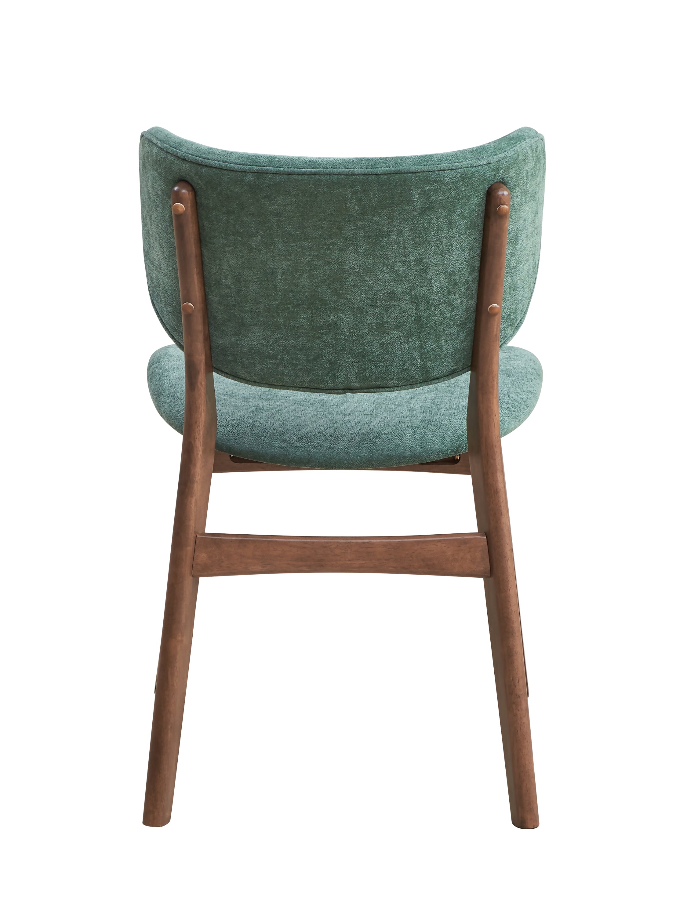 Back view of green upholstered dining chair with walnut frame, part of the stylish and durable walnut dining set collection.