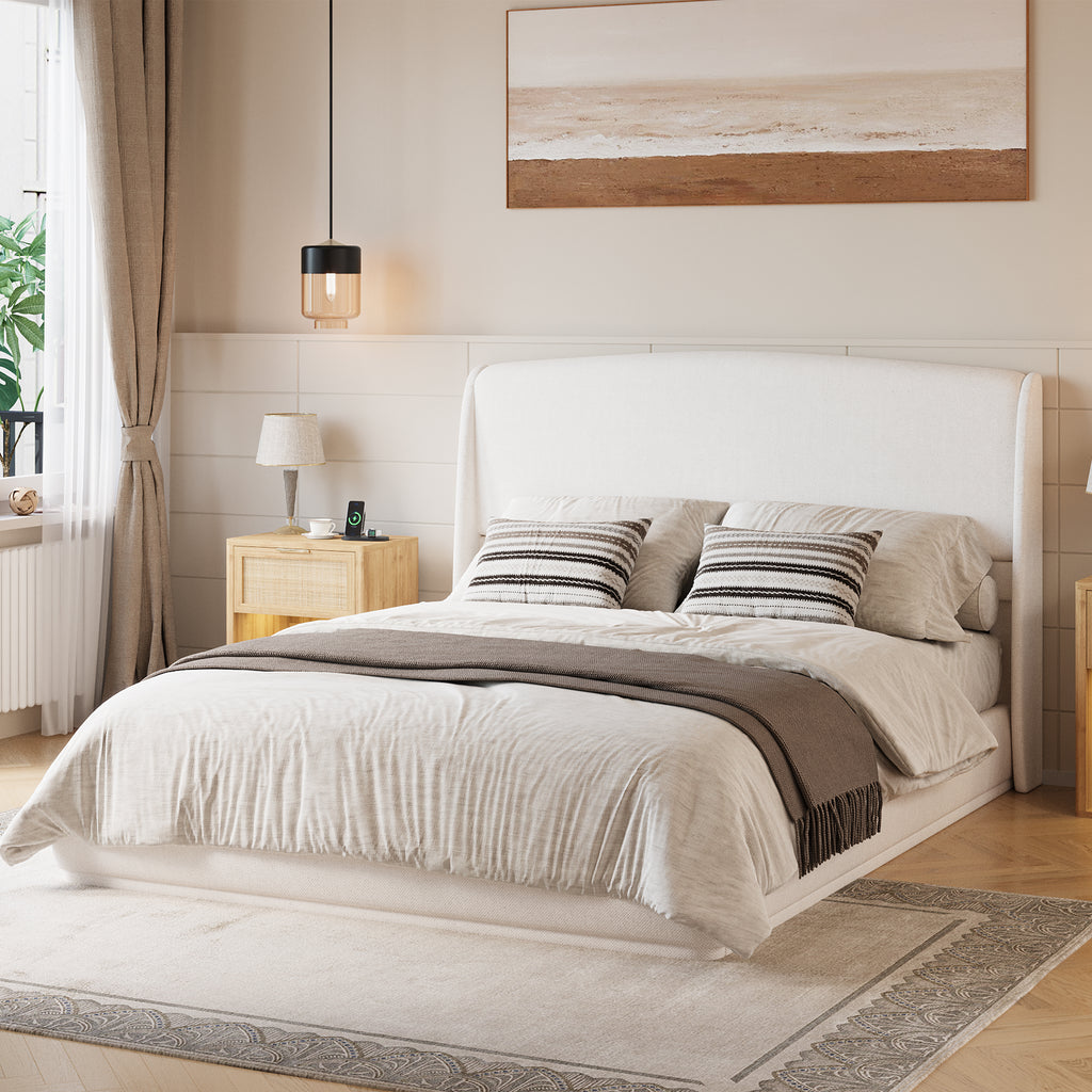 Beige Linen Queen Wingback Platform Bed with Padded Headboard