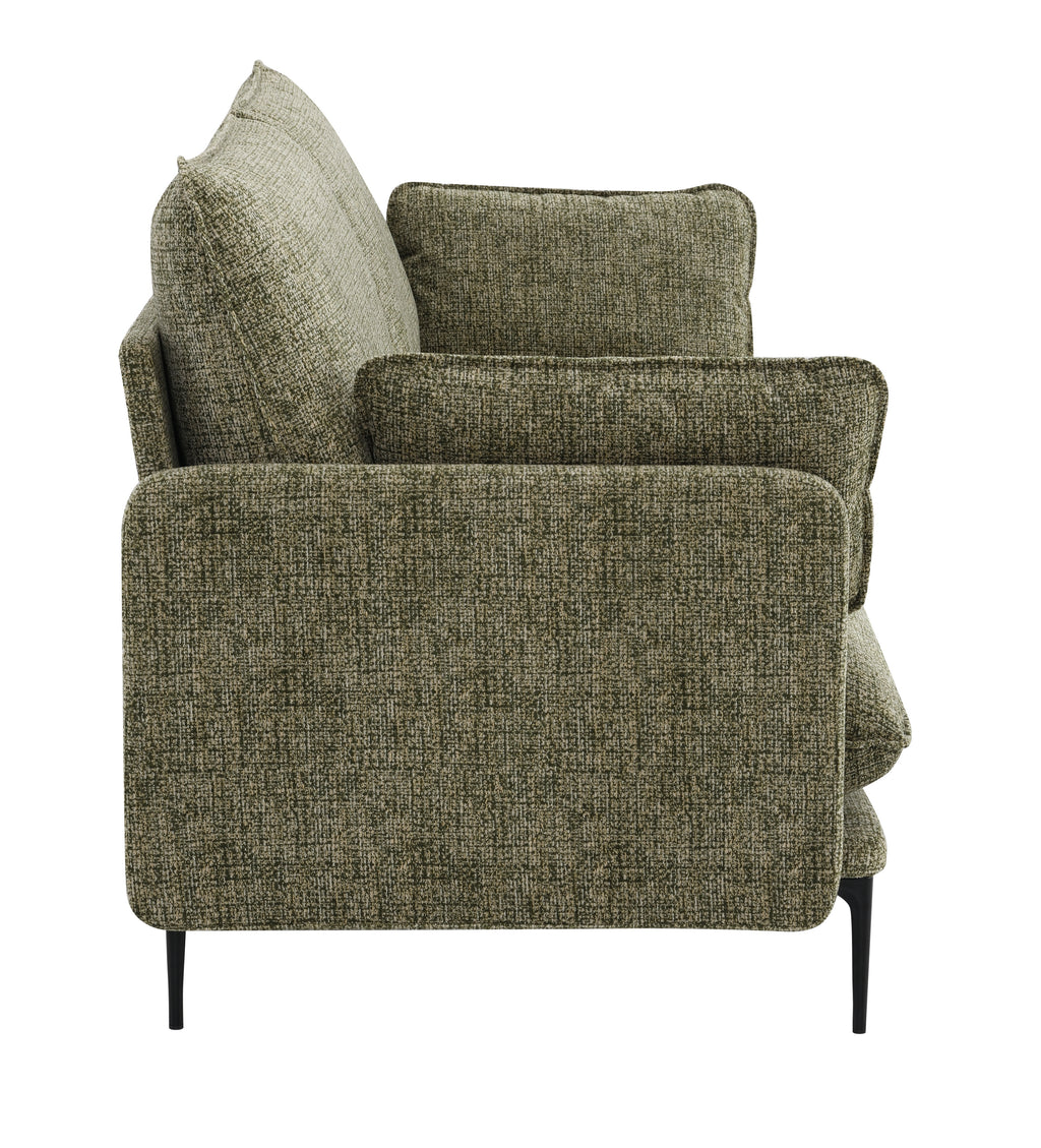 Side profile of Dalton Green Fabric Sofa - Compressed Cushion highlighting thick armrests and textured green fabric.