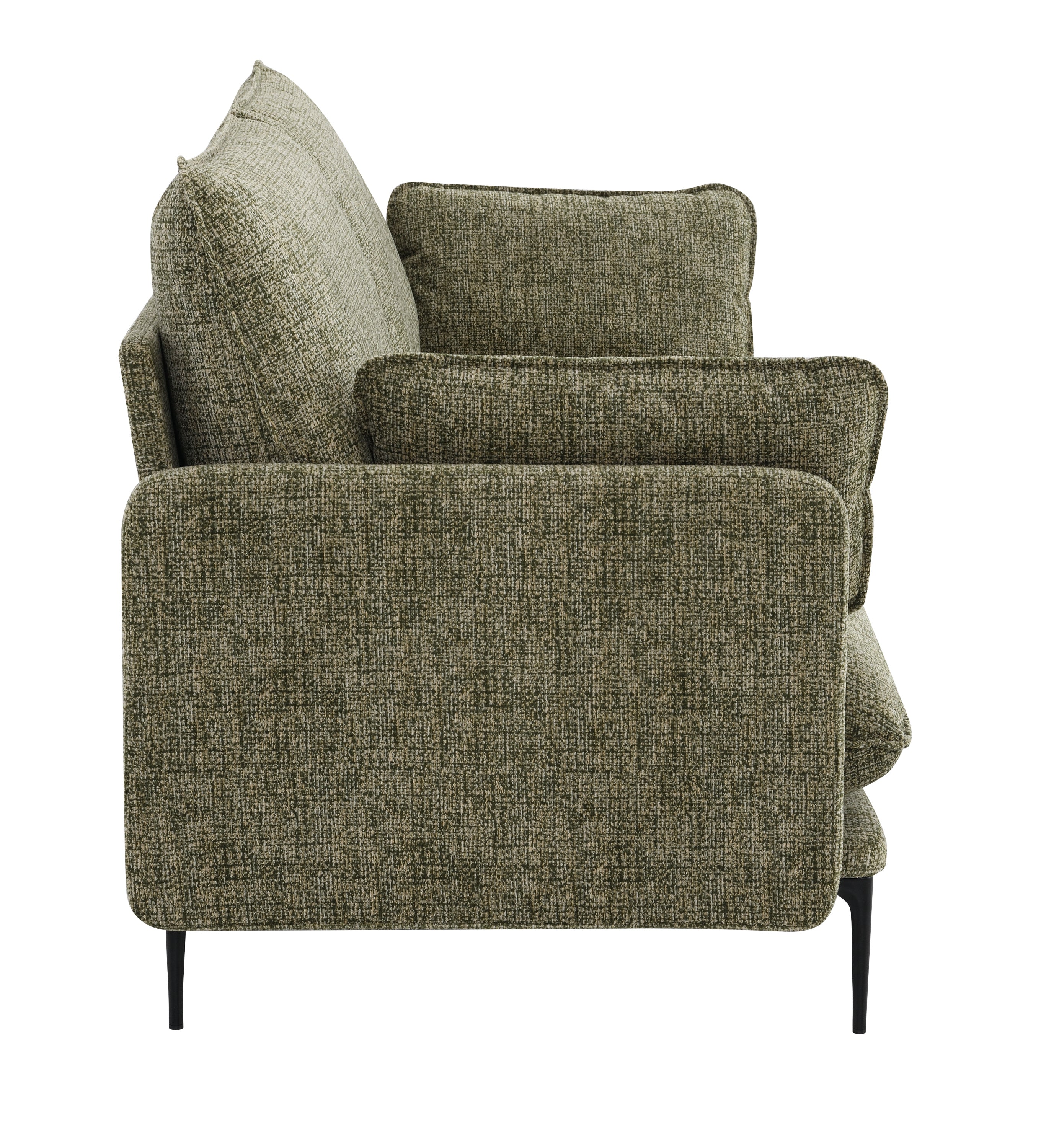 Side profile of Dalton Green Fabric Sofa - Compressed Cushion highlighting thick armrests and textured green fabric.