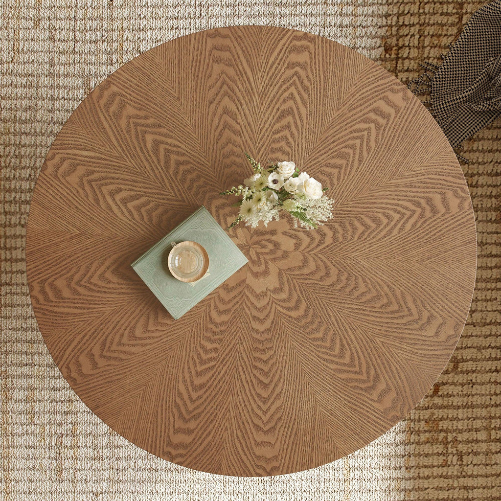 Round Rustic Ash Wood Coffee Table for Small Living Rooms.