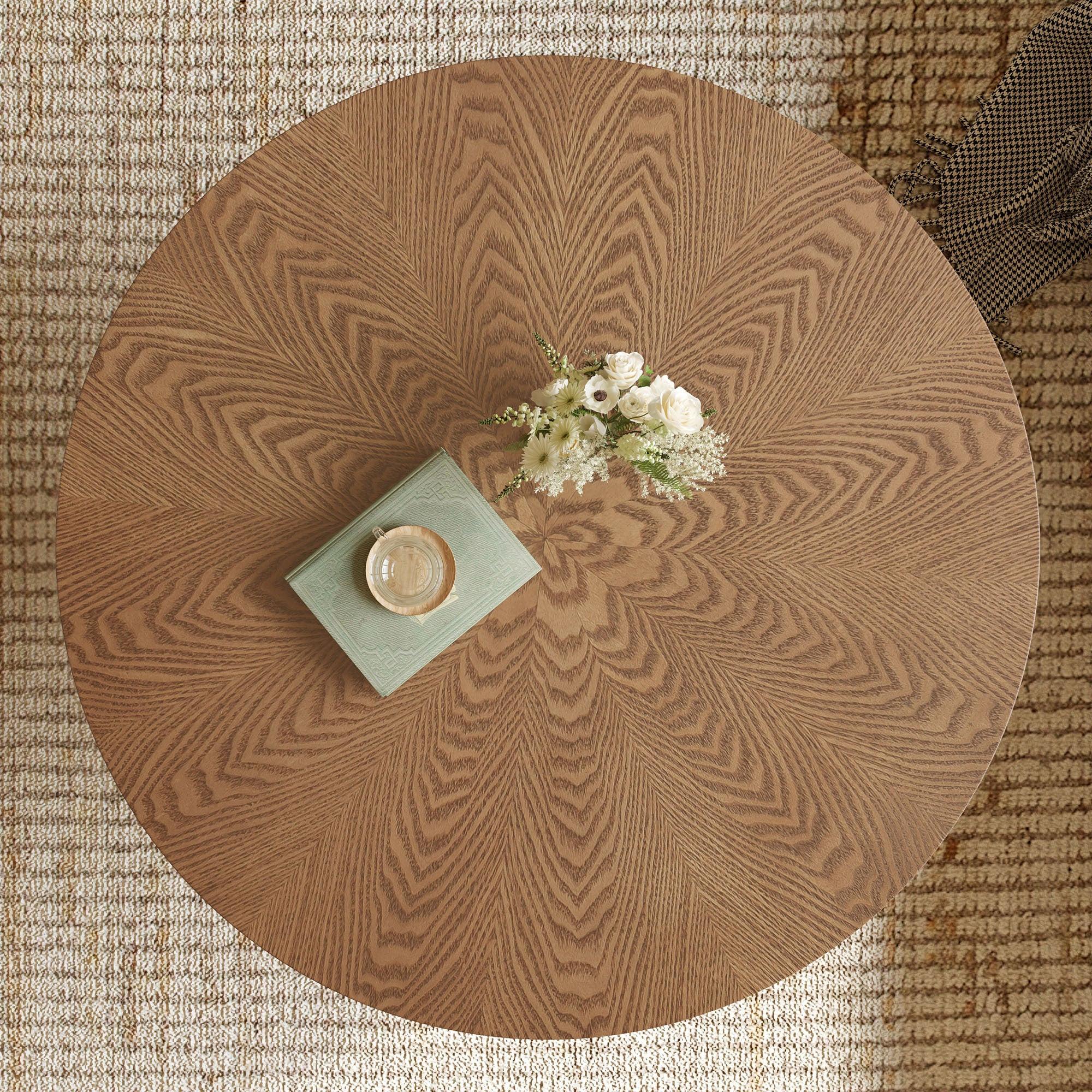 Round Rustic Ash Wood Coffee Table for Small Living Rooms.