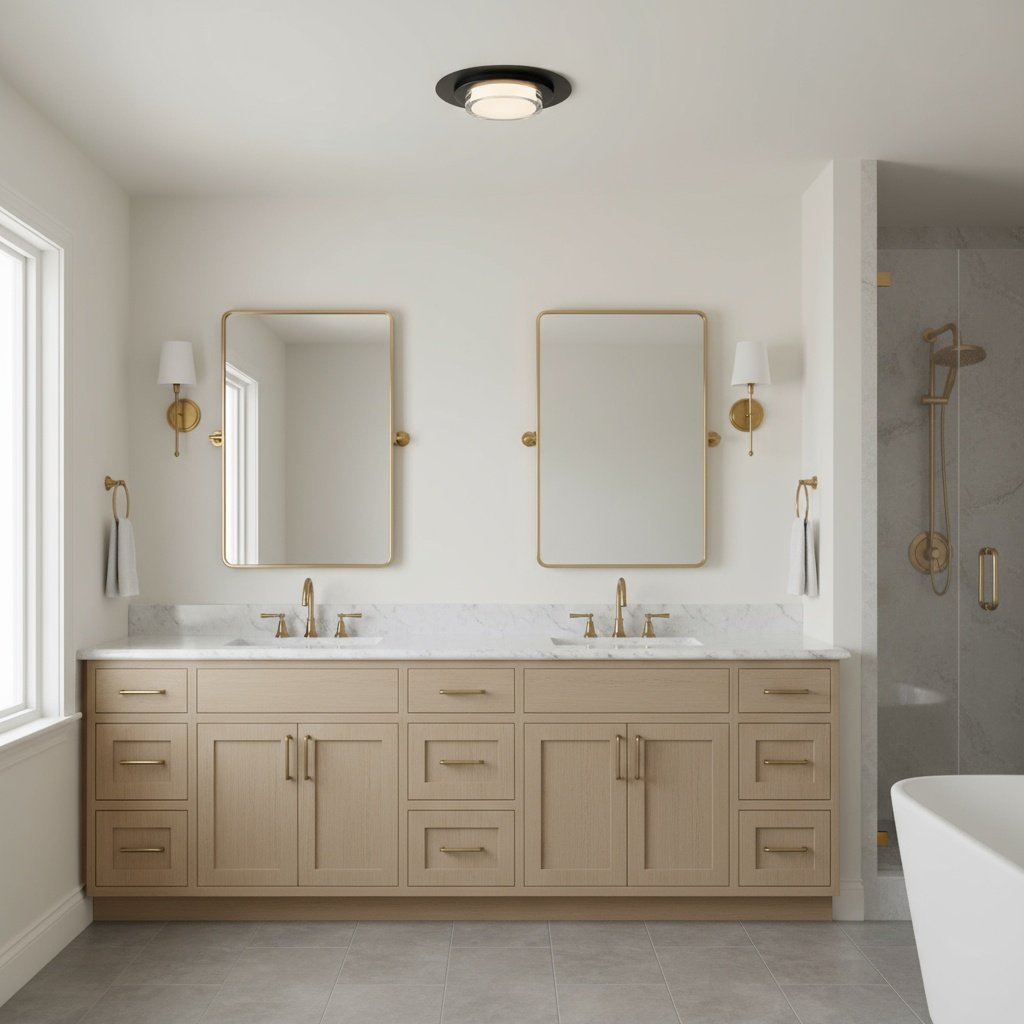 16 Inch LED Flush Mount Ceiling Fixture in a bathroom with dual vanity, providing energy-efficient lighting in a modern space.