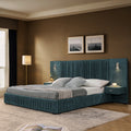Queen size bed frame in blue-green with pleated headboard, built-in adjustable lamps, and side drawers. No box spring needed, ideal for modern bedrooms.