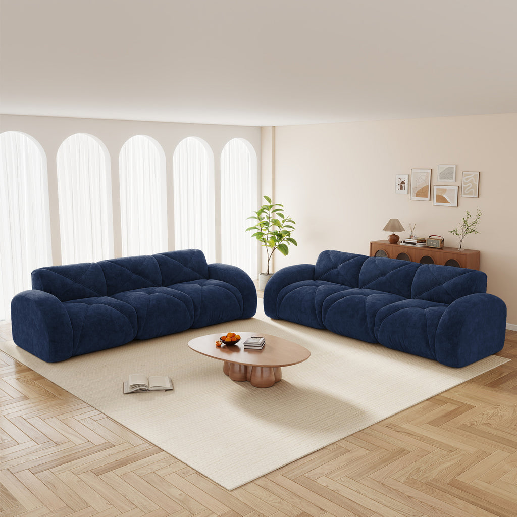 Sapphire Blue 6-Seater Velvet Cloud Sofa Set, 32D High Density Foam