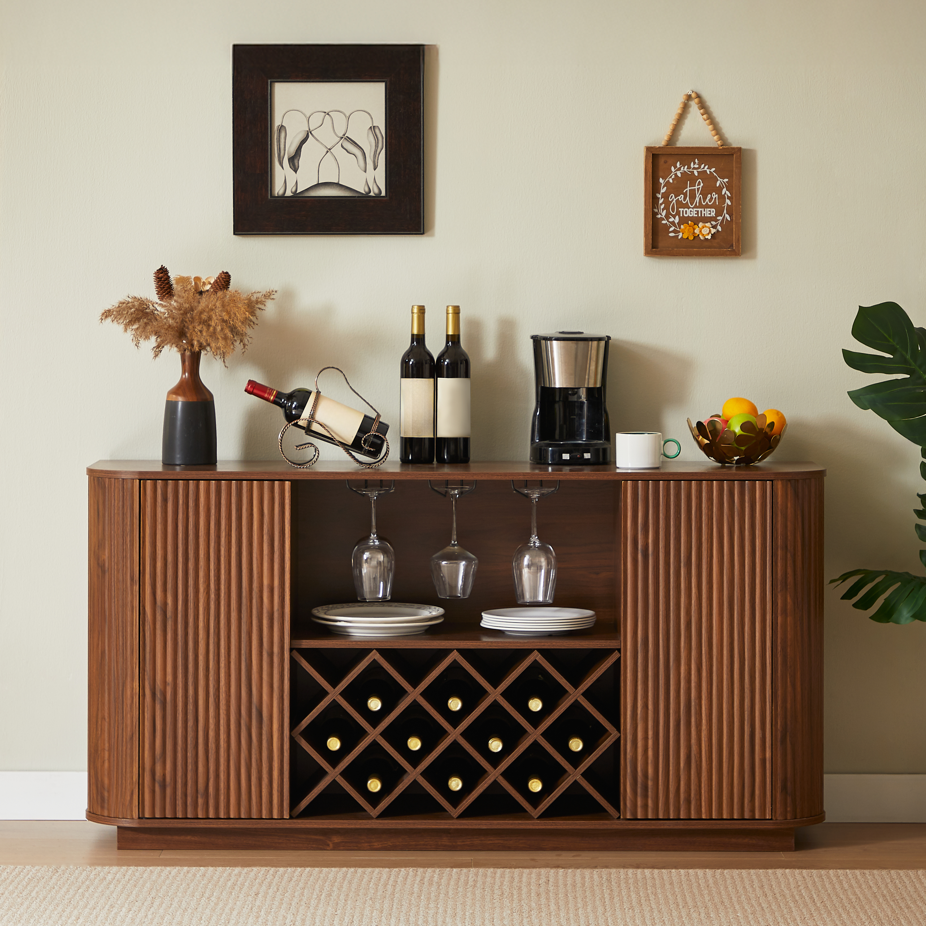 Modern Wavy Curve Sideboard with Wine Rack and Storage