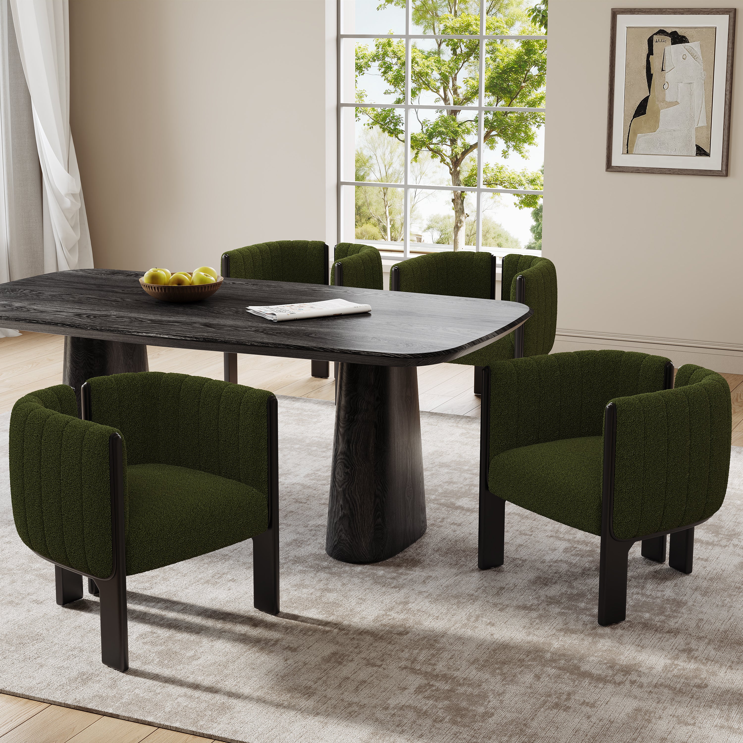 Modern dining chairs set of 4 with black rubber wood frame and olive green upholstery around a black dining table in a bright room.
