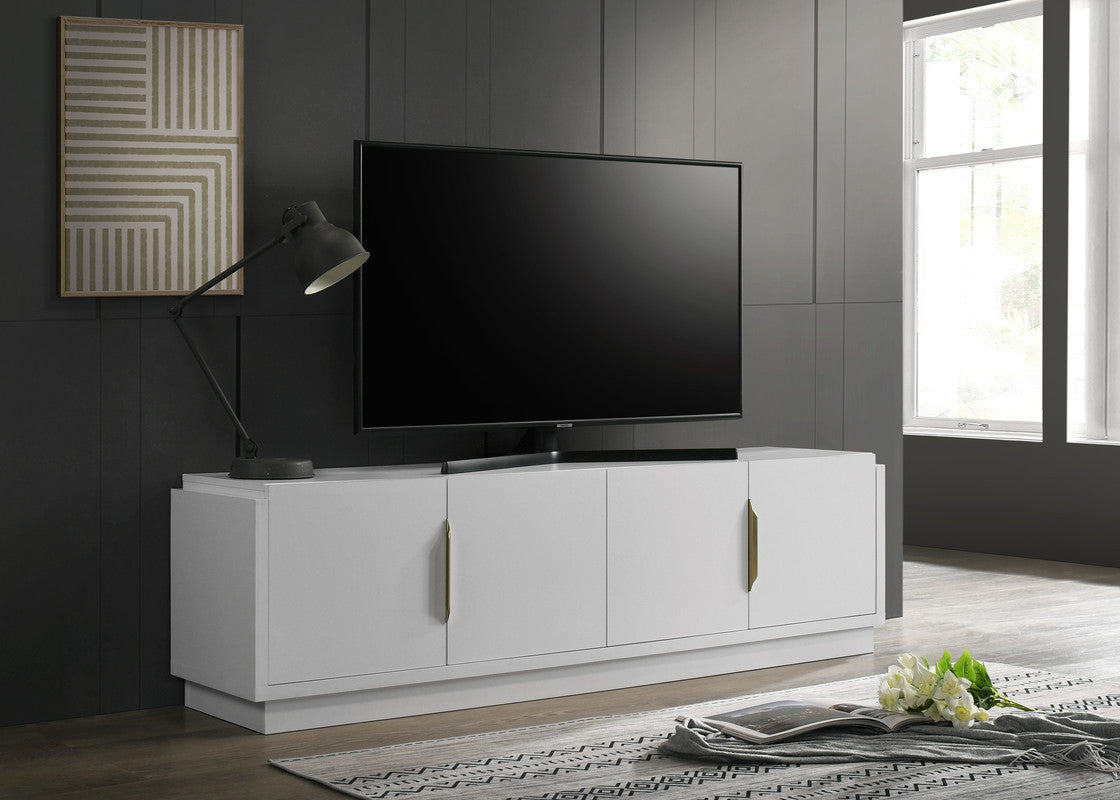Palmer TV Stand 70 inches - White with 4-door cabinet, shown in a modern living room setup with TV and decor, ideal for 60-69 inch TVs.