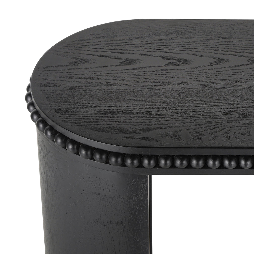 Close-up of Mirod Console Table corner, highlighting the detailed beaded trim and natural wood grain texture.
