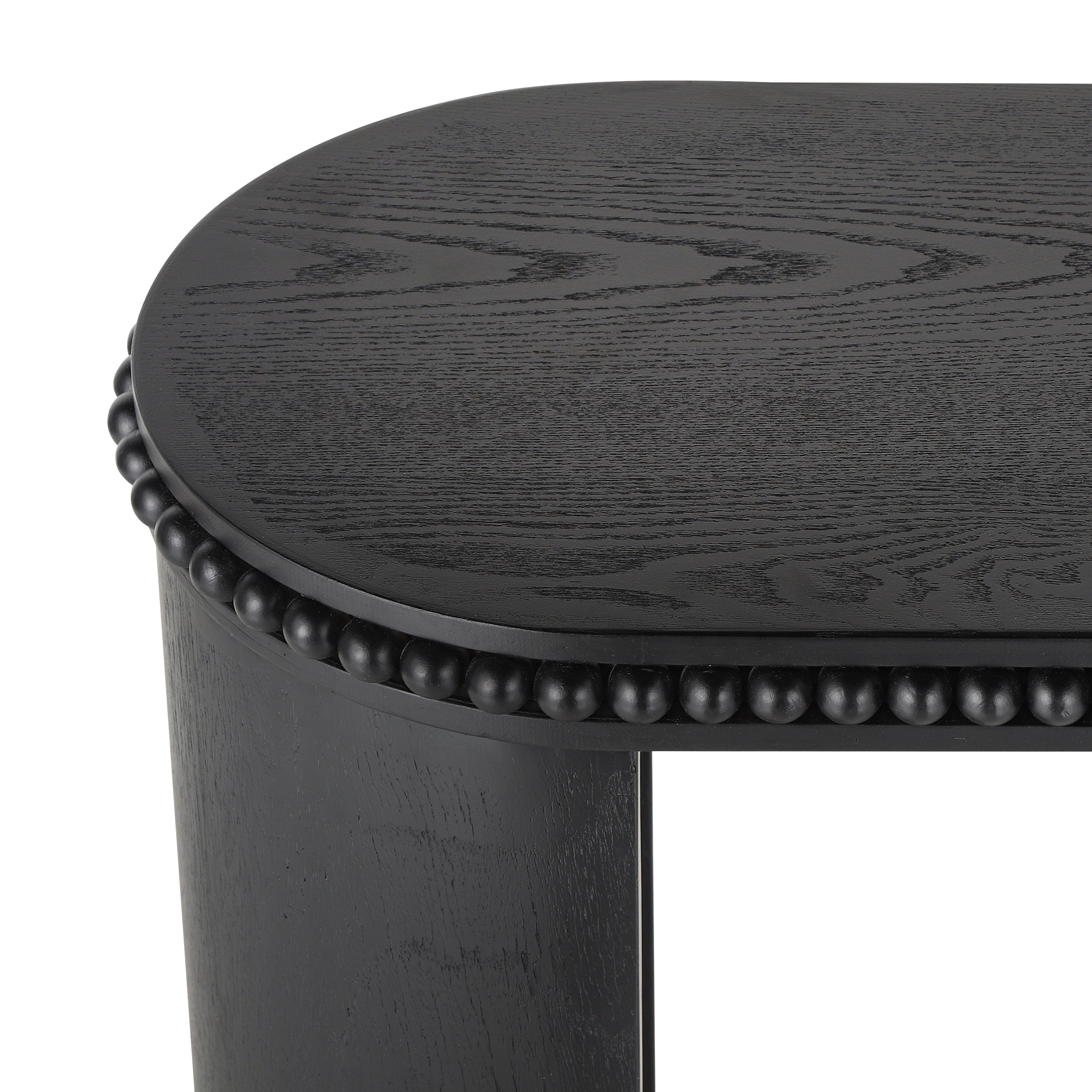 Close-up of Mirod Console Table corner, highlighting the detailed beaded trim and natural wood grain texture.