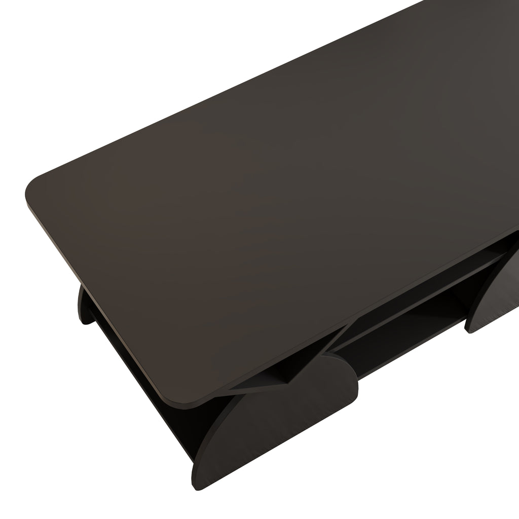 Close-up of engineered wood coffee table top with geometric storage design, showcasing smooth finish and contemporary style.