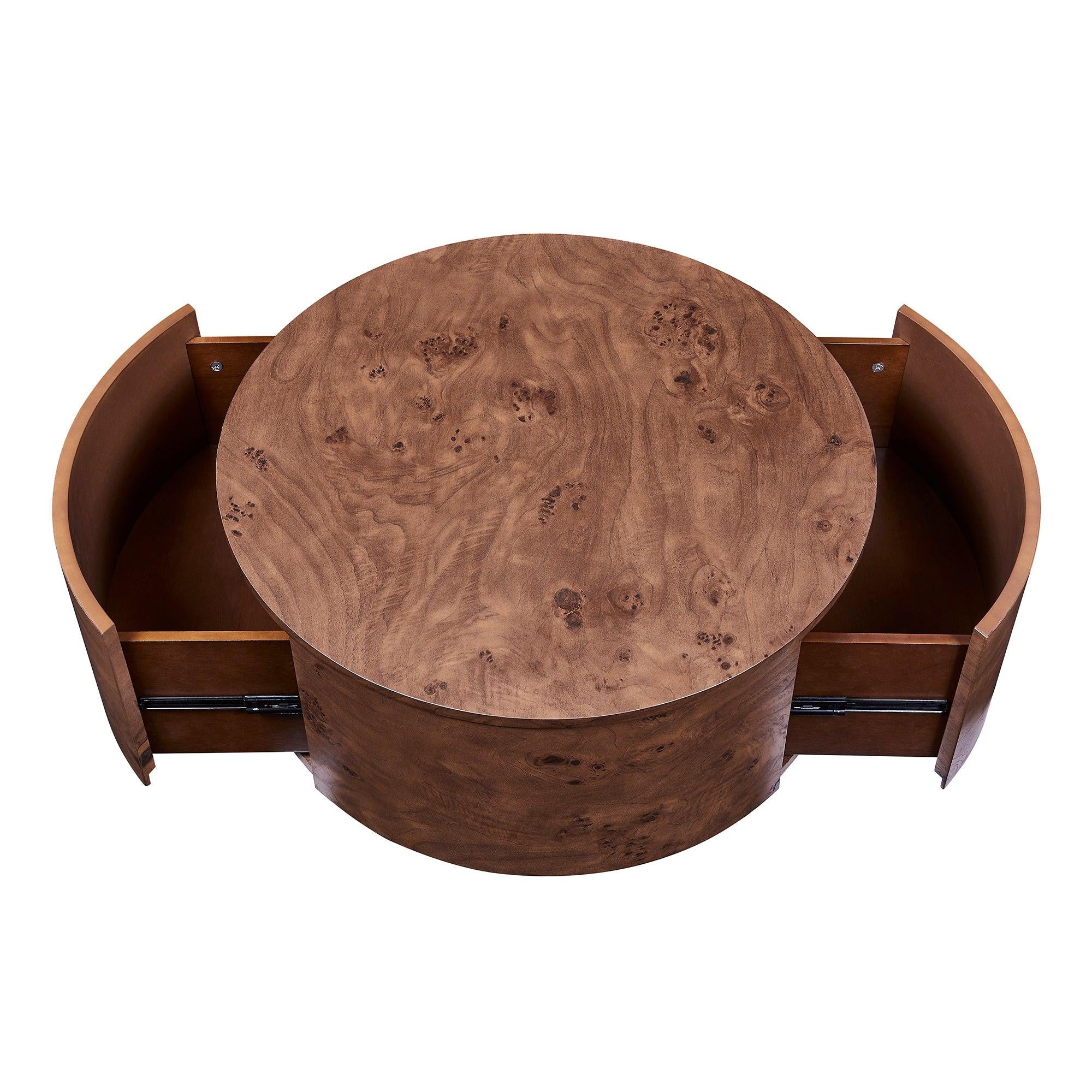 Burl Wood Coffee Table with Drawers - 360° Rotating Top.