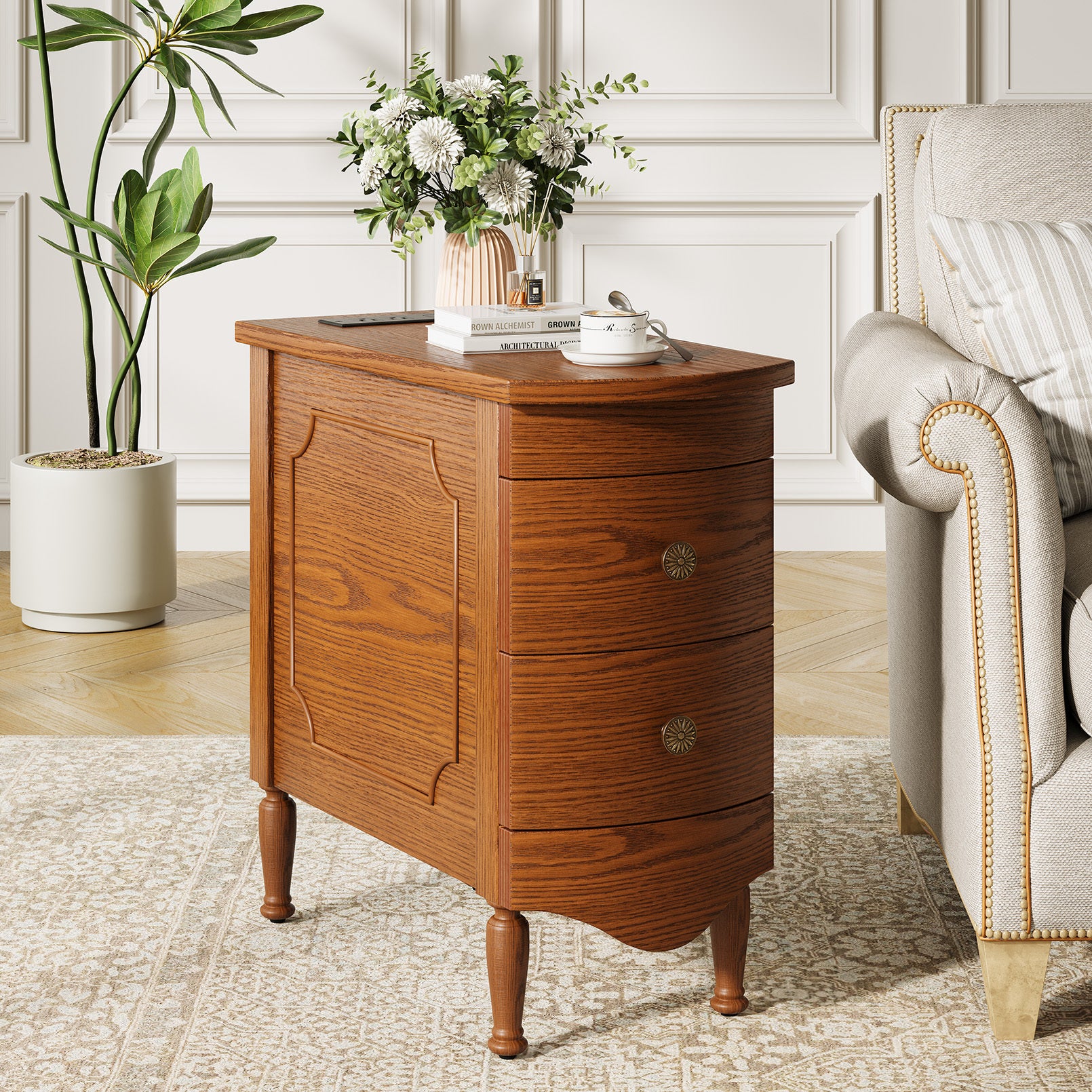 Slim vintage-style oak end table with two curved drawers, gold knobs, built-in charging station, and solid wood legs.