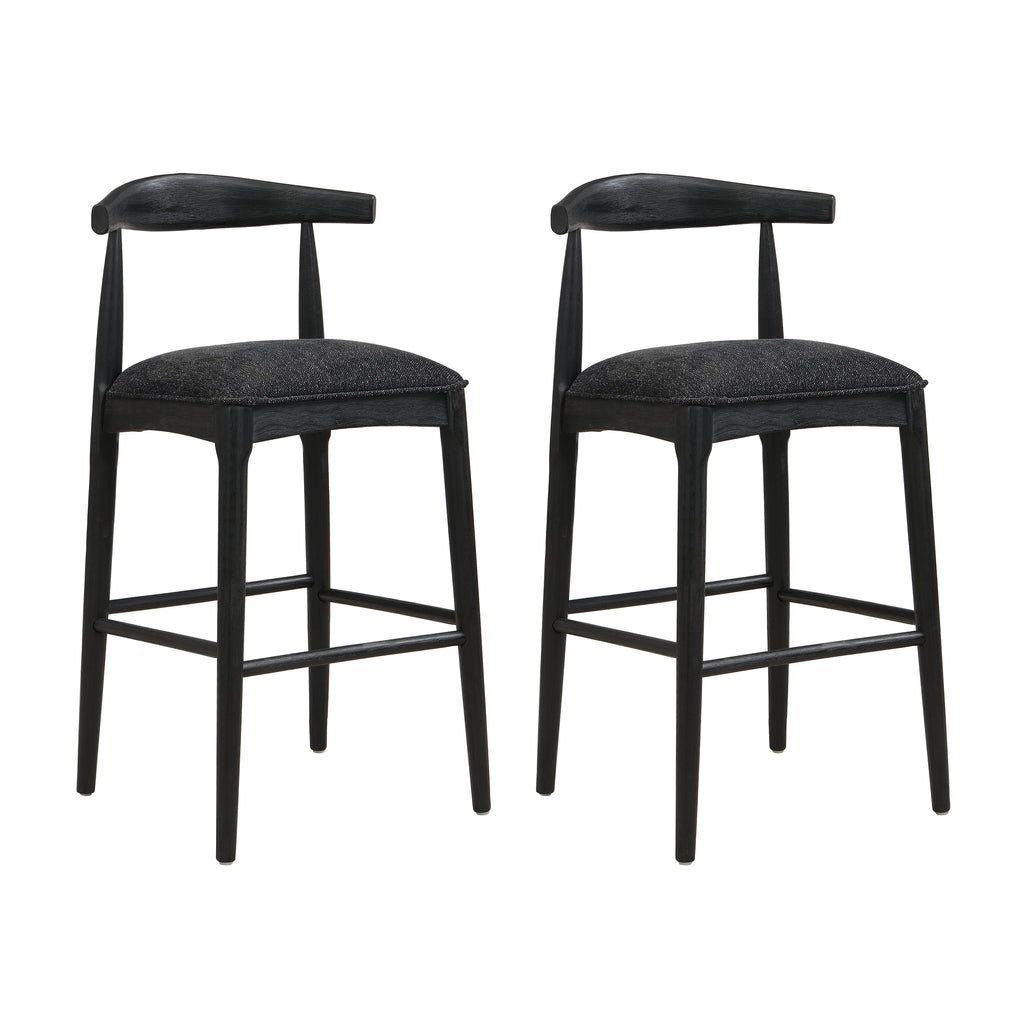 Set of 2 black fabric bar stools featuring curved backrests and sturdy rubberwood frames, ideal for stylish home bar or breakfast nook.